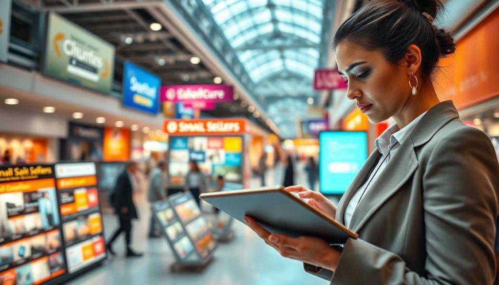 A vibrant and dynamic scene depicting an indoor advertising space. In the foreground, a well-dressed professional woman, actively engaged with a digital tablet, analyzes an array of colorful ads on a sleek screen. The middle ground features a modern display of various advertisements showcasing products and services aimed at small sellers. The background reveals a bustling e-commerce platform environment, filled with energetic shoppers and strategically placed signage promoting digital services. Soft, bright lighting illuminates the space, creating an inviting atmosphere that radiates innovation and opportunity. The perspective is slightly angled from above, capturing the intricate details of the ads while maintaining focus on the woman’s intent expression of determination and insight. A vibrant and dynamic scene depicting an indoor advertising space. In the foreground, a well-dressed professional woman, actively engaged with a digital tablet, analyzes an array of colorful ads on a sleek screen. The middle ground features a modern display of various advertisements showcasing products and services aimed at small sellers. The background reveals a bustling e-commerce platform environment, filled with energetic shoppers and strategically placed signage promoting digital services. Soft, bright lighting illuminates the space, creating an inviting atmosphere that radiates innovation and opportunity. The perspective is slightly angled from above, capturing the intricate details of the ads while maintaining focus on the woman’s intent expression of determination and insight.