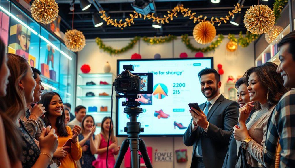 A vibrant and dynamic scene of a live-streamed shopping event, capturing a diverse group of enthusiastic buyers engaged in real-time interaction with a charismatic host. The foreground features a well-dressed presenter, smiling, holding a stylish product, with a camera set up on a tripod at eye level. In the middle, a sleek digital screen displays product details and promotional offers, illuminated with bright, warm lighting to create an inviting atmosphere. Background elements include shelves filled with various appealing merchandise and decorations that reflect an energetic shopping ambiance. The setting is designed to evoke excitement and urgency, with an emphasis on modern technology and social engagement, exhibiting a cheerful and inviting mood throughout. A vibrant and dynamic scene of a live-streamed shopping event, capturing a diverse group of enthusiastic buyers engaged in real-time interaction with a charismatic host. The foreground features a well-dressed presenter, smiling, holding a stylish product, with a camera set up on a tripod at eye level. In the middle, a sleek digital screen displays product details and promotional offers, illuminated with bright, warm lighting to create an inviting atmosphere. Background elements include shelves filled with various appealing merchandise and decorations that reflect an energetic shopping ambiance. The setting is designed to evoke excitement and urgency, with an emphasis on modern technology and social engagement, exhibiting a cheerful and inviting mood throughout.