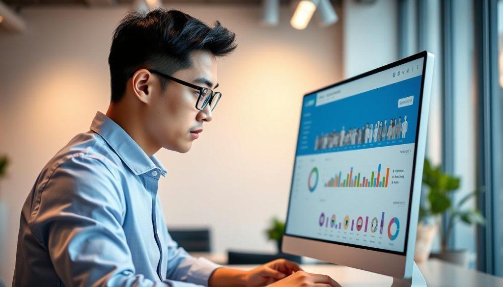 A vibrant and modern digital workspace showcasing a LINE Official Account dashboard on a sleek computer screen. In the foreground, a professional, Asian young adult male in smart casual attire focuses intently on the screen, engaged in data analytics and user engagement strategies. The middle ground features colorful infographics illustrating audience demographics and engagement metrics, symbolizing the conversion of one-time buyers into long-term connections. The background is an inviting office space with soft natural lighting filtering through large windows, creating an atmosphere of productivity and innovation. The composition is captured from a slightly elevated angle, emphasizing the importance of digital marketing in e-commerce without any text or distracting elements. A vibrant and modern digital workspace showcasing a LINE Official Account dashboard on a sleek computer screen. In the foreground, a professional, Asian young adult male in smart casual attire focuses intently on the screen, engaged in data analytics and user engagement strategies. The middle ground features colorful infographics illustrating audience demographics and engagement metrics, symbolizing the conversion of one-time buyers into long-term connections. The background is an inviting office space with soft natural lighting filtering through large windows, creating an atmosphere of productivity and innovation. The composition is captured from a slightly elevated angle, emphasizing the importance of digital marketing in e-commerce without any text or distracting elements.