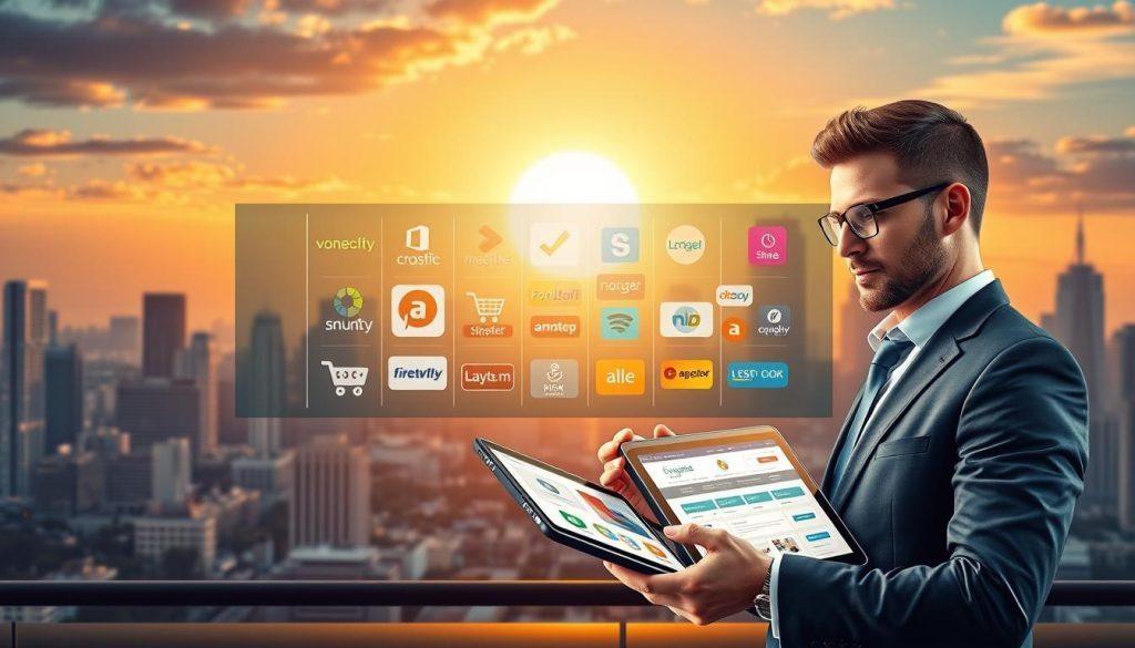 A vibrant digital illustration representing the concept of "multi-platform strategy" in e-commerce. In the foreground, depict a confident business professional in a smart suit, analyzing various digital tablets displaying different e-commerce platforms. The middle ground features a dynamic split-screen showcasing logos and interfaces of major e-commerce sites, showcasing their unique features. In the background, visualize a modern city skyline symbolizing growth and opportunity, with bright, optimistic lighting illuminating the scene, suggesting a dawn of new business ventures. The atmosphere should be energetic and forward-thinking, conveying a sense of innovation and strategic planning in commerce. Use a wide-angle lens to create depth and engagement in the composition. A vibrant digital illustration representing the concept of "multi-platform strategy" in e-commerce. In the foreground, depict a confident business professional in a smart suit, analyzing various digital tablets displaying different e-commerce platforms. The middle ground features a dynamic split-screen showcasing logos and interfaces of major e-commerce sites, showcasing their unique features. In the background, visualize a modern city skyline symbolizing growth and opportunity, with bright, optimistic lighting illuminating the scene, suggesting a dawn of new business ventures. The atmosphere should be energetic and forward-thinking, conveying a sense of innovation and strategic planning in commerce. Use a wide-angle lens to create depth and engagement in the composition.