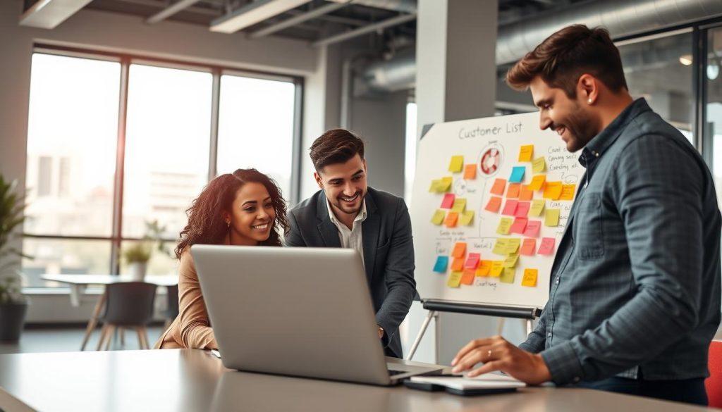 A vibrant, dynamic scene set in a modern office environment. In the foreground, a diverse group of three professionals—two men and one woman—are engaged in a focused discussion around a laptop, showcasing charts and graphs representing customer data. They are dressed in smart casual attire, exuding a collaborative and innovative atmosphere. In the middle ground, a large whiteboard filled with colorful sticky notes and brainstorming ideas about customer engagement strategies emphasizes the exchange of benefits. The background features contemporary office design with large windows allowing natural light to flood the space, creating an inspiring ambiance. The overall mood is energetic and forward-thinking, symbolizing the concept of building a customer list through value exchange and re-marketing channels. A vibrant, dynamic scene set in a modern office environment. In the foreground, a diverse group of three professionals—two men and one woman—are engaged in a focused discussion around a laptop, showcasing charts and graphs representing customer data. They are dressed in smart casual attire, exuding a collaborative and innovative atmosphere. In the middle ground, a large whiteboard filled with colorful sticky notes and brainstorming ideas about customer engagement strategies emphasizes the exchange of benefits. The background features contemporary office design with large windows allowing natural light to flood the space, creating an inspiring ambiance. The overall mood is energetic and forward-thinking, symbolizing the concept of building a customer list through value exchange and re-marketing channels.