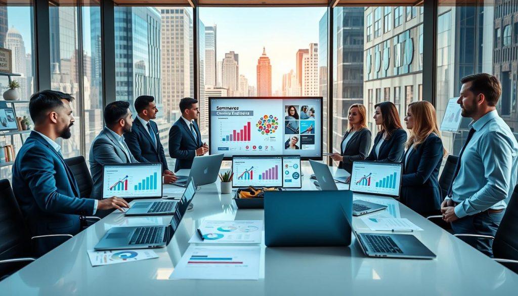 A vibrant e-commerce platform scene depicting a diverse group of professional individuals, including men and women in business attire, collaborating in a modern office space. The foreground features a sleek conference table laden with laptops, charts, and e-commerce analytics displays. In the middle, team members are engaged in a brainstorming session, surrounded by digital screens showcasing online shopping trends and customer engagement statistics. The background showcases large windows revealing a bustling cityscape, filled with shopping-related images. The lighting is bright and inviting, mimicking natural sunlight, and the angle is slightly elevated to create depth. The overall atmosphere is one of innovation and teamwork, emphasizing that e-commerce platforms are just the starting point for broader business possibilities. A vibrant e-commerce platform scene depicting a diverse group of professional individuals, including men and women in business attire, collaborating in a modern office space. The foreground features a sleek conference table laden with laptops, charts, and e-commerce analytics displays. In the middle, team members are engaged in a brainstorming session, surrounded by digital screens showcasing online shopping trends and customer engagement statistics. The background showcases large windows revealing a bustling cityscape, filled with shopping-related images. The lighting is bright and inviting, mimicking natural sunlight, and the angle is slightly elevated to create depth. The overall atmosphere is one of innovation and teamwork, emphasizing that e-commerce platforms are just the starting point for broader business possibilities.