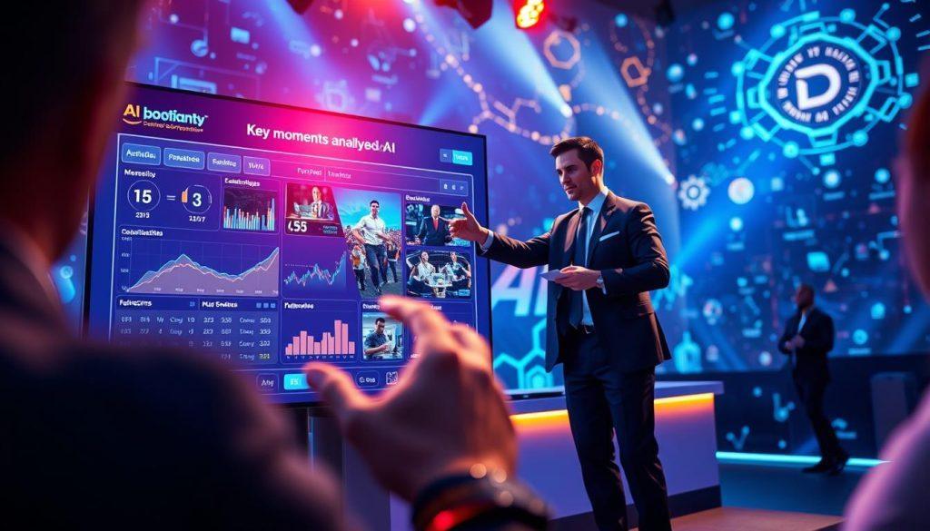 A vibrant scene depicting a live-streaming interface showcasing key moments analyzed by AI technology. In the foreground, a futuristic interface displays dynamic visual graphs and highlighted clips in an organized, visually appealing layout. The middle ground features a live host, dressed in professional business attire, engaging with the audience while pointing to the data on the screen. The background is an immersive digital environment filled with abstract animations symbolizing data flow and AI algorithms at work, creating a sense of advanced technology. Soft lighting enhances the clarity of the interface, with a slight bluish hue to evoke a high-tech atmosphere. The angle captures the excitement of the live interaction, emphasizing the fusion of AI with real-time content creation. A vibrant scene depicting a live-streaming interface showcasing key moments analyzed by AI technology. In the foreground, a futuristic interface displays dynamic visual graphs and highlighted clips in an organized, visually appealing layout. The middle ground features a live host, dressed in professional business attire, engaging with the audience while pointing to the data on the screen. The background is an immersive digital environment filled with abstract animations symbolizing data flow and AI algorithms at work, creating a sense of advanced technology. Soft lighting enhances the clarity of the interface, with a slight bluish hue to evoke a high-tech atmosphere. The angle captures the excitement of the live interaction, emphasizing the fusion of AI with real-time content creation.