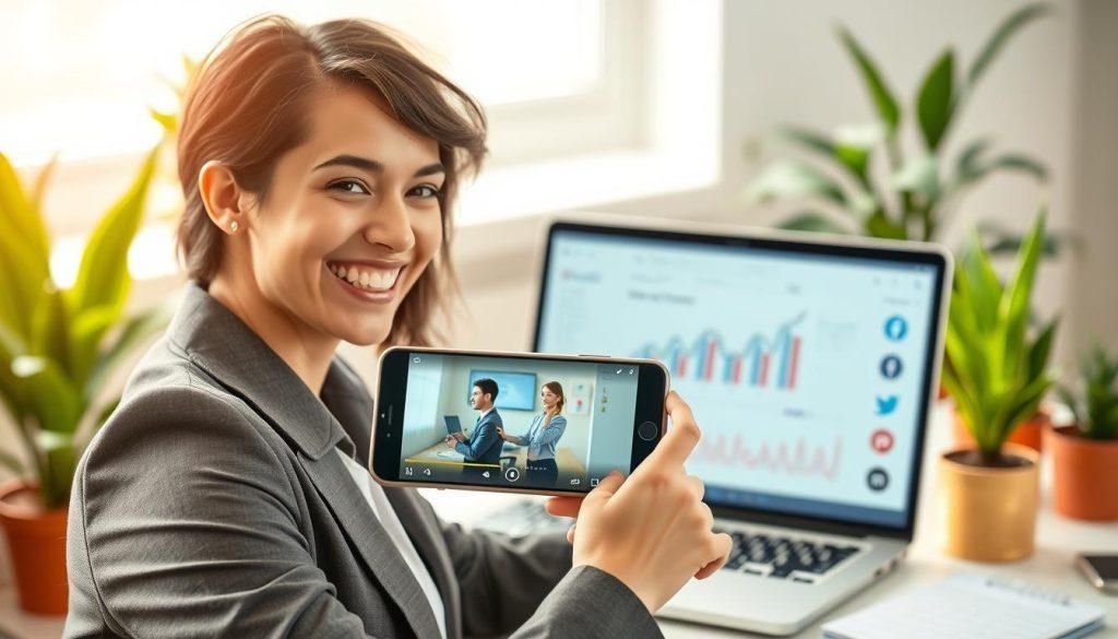 A vibrant scene illustrating short video marketing in e-commerce, focusing on a professional-looking individual in business attire holding a smartphone displaying engaging video content. In the foreground, the person smiles expressively, showcasing excitement and engagement with the product. In the middle ground, a laptop is open with analytics charts and social media icons, highlighting trackable traffic conversion. The background features a modern, bright office environment with a creative feel—minimalist décor and well-arranged office plants. Soft, natural lighting bathes the scene, creating an inviting and energetic atmosphere. A slight depth of field effect focuses on the person while softly blurring the background, emphasizing the mobile device's importance in converting views into sales. A vibrant scene illustrating short video marketing in e-commerce, focusing on a professional-looking individual in business attire holding a smartphone displaying engaging video content. In the foreground, the person smiles expressively, showcasing excitement and engagement with the product. In the middle ground, a laptop is open with analytics charts and social media icons, highlighting trackable traffic conversion. The background features a modern, bright office environment with a creative feel—minimalist décor and well-arranged office plants. Soft, natural lighting bathes the scene, creating an inviting and energetic atmosphere. A slight depth of field effect focuses on the person while softly blurring the background, emphasizing the mobile device's importance in converting views into sales.