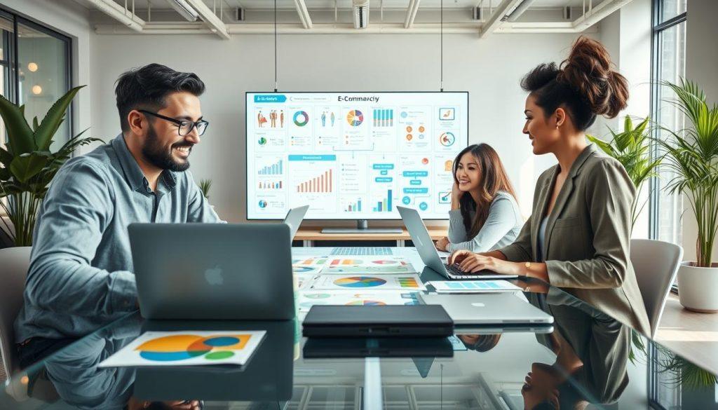 A visually compelling image depicting a modern business model for e-commerce. In the foreground, a diverse group of three professionals, including a man and two women, are engaged in a brainstorming session around a sleek glass table filled with colorful charts and laptops. The middle ground features a large digital screen displaying graphs, product images, and a flowchart illustrating various business strategies. In the background, a bright office space filled with greenery and modern decor conveys a welcoming yet dynamic atmosphere. Soft, natural lighting highlights the engaged expressions of the team, while a wide-angle lens captures the collaborative energy and innovative spirit of the e-commerce landscape. The overall mood is focused and inspiring, emphasizing the idea of strategic planning in business. A visually compelling image depicting a modern business model for e-commerce. In the foreground, a diverse group of three professionals, including a man and two women, are engaged in a brainstorming session around a sleek glass table filled with colorful charts and laptops. The middle ground features a large digital screen displaying graphs, product images, and a flowchart illustrating various business strategies. In the background, a bright office space filled with greenery and modern decor conveys a welcoming yet dynamic atmosphere. Soft, natural lighting highlights the engaged expressions of the team, while a wide-angle lens captures the collaborative energy and innovative spirit of the e-commerce landscape. The overall mood is focused and inspiring, emphasizing the idea of strategic planning in business.