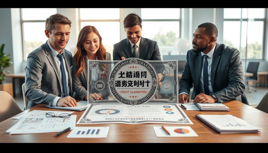 A visually engaging depiction of "信用保證," illustrating the concept of credit guarantee in a business context. In the foreground, a diverse group of professionals in business attire, including a Caucasian man, an Asian woman, and a Black man, are discussing around a table filled with documents and charts showcasing financial metrics. The middle ground features a large visual representation of a credit guarantee certificate, stylized with intricate designs and symbols of trust and security. In the background, an office setting with soft, natural lighting, featuring windows that allow sunlight to filter in, creating an atmosphere of clarity and focus. The mood is professional and optimistic, emphasizing the importance of understanding financial support mechanisms. A visually engaging depiction of "信用保證," illustrating the concept of credit guarantee in a business context. In the foreground, a diverse group of professionals in business attire, including a Caucasian man, an Asian woman, and a Black man, are discussing around a table filled with documents and charts showcasing financial metrics. The middle ground features a large visual representation of a credit guarantee certificate, stylized with intricate designs and symbols of trust and security. In the background, an office setting with soft, natural lighting, featuring windows that allow sunlight to filter in, creating an atmosphere of clarity and focus. The mood is professional and optimistic, emphasizing the importance of understanding financial support mechanisms.