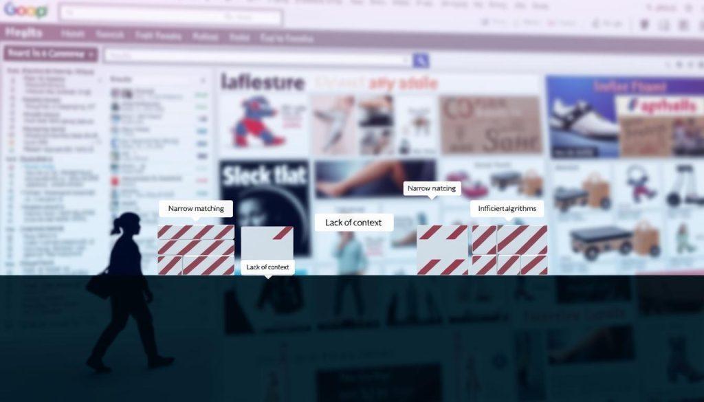 A visually engaging diagram illustrating the limitations and challenges of traditional e-commerce search. In the foreground, show an abstract representation of a frustrated shopper navigating a cluttered digital interface filled with irrelevant search results. In the middle, depict an assortment of barriers like walls or obstacles labeled with keywords such as "narrow matching," "lack of context," and "inefficient algorithms." The background should feature a blurred e-commerce website layout, symbolizing a vast yet constricted marketplace. Utilize soft, diffused lighting to create a slightly somber atmosphere, emphasizing frustration and confusion. The angle should provide a slight bird’s-eye view, enhancing the sense of being trapped within the limitations of traditional search methods. A visually engaging diagram illustrating the limitations and challenges of traditional e-commerce search. In the foreground, show an abstract representation of a frustrated shopper navigating a cluttered digital interface filled with irrelevant search results. In the middle, depict an assortment of barriers like walls or obstacles labeled with keywords such as "narrow matching," "lack of context," and "inefficient algorithms." The background should feature a blurred e-commerce website layout, symbolizing a vast yet constricted marketplace. Utilize soft, diffused lighting to create a slightly somber atmosphere, emphasizing frustration and confusion. The angle should provide a slight bird’s-eye view, enhancing the sense of being trapped within the limitations of traditional search methods.
