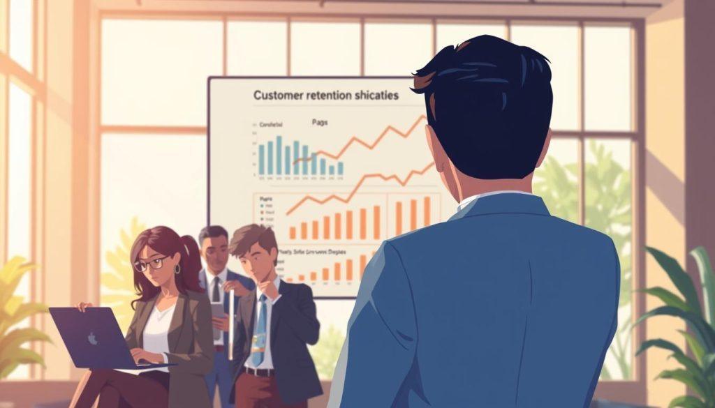 A visually engaging digital illustration depicting the theme of customer churn (客戶流失率). In the foreground, show a group of diverse business professionals, dressed in smart business attire, analyzing data on laptops and tablets, exhibiting concern and focus. In the middle ground, display a large screen or whiteboard illustrating customer retention graphs and charts dropping, conveying the statistics of churn rates prominently. The background should feature a modern office environment with soft natural light streaming through large windows, creating a warm yet serious atmosphere. Emphasize a sense of urgency and collaboration while maintaining a professional tone. The overall mood should reflect the challenges faced in customer service and the need for proactive intervention. A visually engaging digital illustration depicting the theme of customer churn (客戶流失率). In the foreground, show a group of diverse business professionals, dressed in smart business attire, analyzing data on laptops and tablets, exhibiting concern and focus. In the middle ground, display a large screen or whiteboard illustrating customer retention graphs and charts dropping, conveying the statistics of churn rates prominently. The background should feature a modern office environment with soft natural light streaming through large windows, creating a warm yet serious atmosphere. Emphasize a sense of urgency and collaboration while maintaining a professional tone. The overall mood should reflect the challenges faced in customer service and the need for proactive intervention.