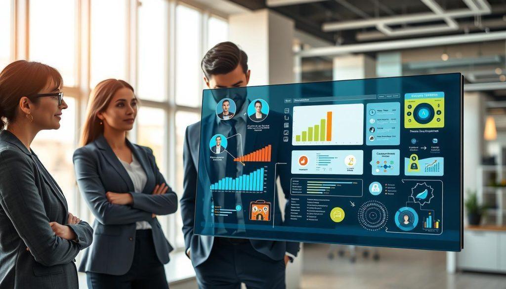 A visually engaging illustration representing personalized e-commerce search vector analysis. In the foreground, a diverse group of three professionals in smart business attire are gathered around a sleek touchscreen interface displaying dynamic, colorful data visuals and graphs. In the middle, digital representations of customer profiles and product recommendations flow seamlessly from the interface, symbolizing the fusion of consumer sentiment with vector search technology. In the background, a modern office environment with large windows showcases a bright, airy atmosphere with natural light filtering in, enhancing the optimistic mood of technological advancement. The focus is sharp on the professionals and the interactive data, with a shallow depth of field emphasizing the importance of their collaboration in understanding shopping emotions. A visually engaging illustration representing personalized e-commerce search vector analysis. In the foreground, a diverse group of three professionals in smart business attire are gathered around a sleek touchscreen interface displaying dynamic, colorful data visuals and graphs. In the middle, digital representations of customer profiles and product recommendations flow seamlessly from the interface, symbolizing the fusion of consumer sentiment with vector search technology. In the background, a modern office environment with large windows showcases a bright, airy atmosphere with natural light filtering in, enhancing the optimistic mood of technological advancement. The focus is sharp on the professionals and the interactive data, with a shallow depth of field emphasizing the importance of their collaboration in understanding shopping emotions.