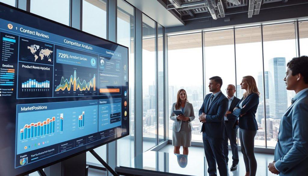 A visually striking AI competitor analysis system interface displayed on a large, futuristic touchscreen monitor in a modern office environment. The foreground features sleek UI elements including graphs, charts, and data visualizations, showcasing comparisons of product reviews and market positioning insights. The middle layer includes a diverse team of professionals dressed in business attire, engaged in a collaborative discussion, analyzing the data with interest. The background features large windows revealing a city skyline, illuminated by natural daylight, creating an open and innovative atmosphere. The lighting is bright and inviting, emphasizing the productivity of the workspace. The image conveys a mood of focus and strategic planning, ideal for illustrating insights into market dynamics and competition in product development. A visually striking AI competitor analysis system interface displayed on a large, futuristic touchscreen monitor in a modern office environment. The foreground features sleek UI elements including graphs, charts, and data visualizations, showcasing comparisons of product reviews and market positioning insights. The middle layer includes a diverse team of professionals dressed in business attire, engaged in a collaborative discussion, analyzing the data with interest. The background features large windows revealing a city skyline, illuminated by natural daylight, creating an open and innovative atmosphere. The lighting is bright and inviting, emphasizing the productivity of the workspace. The image conveys a mood of focus and strategic planning, ideal for illustrating insights into market dynamics and competition in product development.