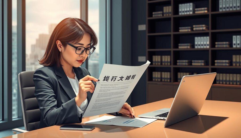 A visually striking digital illustration depicting a business professional, a middle-aged Asian woman in a smart business suit, sitting at a sleek desk in a modern office environment. In the foreground, she thoughtfully examines a legal document titled “消保法 七日鑑賞期,” with a pen in her hand, symbolizing compliance and careful planning. The middle ground features a large window with city views, emphasizing the contemporary business atmosphere, while a tablet and laptop with financial graphs are on the desk. The background should showcase shelves filled with legal books and regulations, dimly lit for a focused ambiance. The lighting is soft, creating a contemplative mood, and the angle is slightly from above to capture both the subject and her workspace clearly. The overall atmosphere conveys professionalism and diligence in business compliance. A visually striking digital illustration depicting a business professional, a middle-aged Asian woman in a smart business suit, sitting at a sleek desk in a modern office environment. In the foreground, she thoughtfully examines a legal document titled “消保法 七日鑑賞期,” with a pen in her hand, symbolizing compliance and careful planning. The middle ground features a large window with city views, emphasizing the contemporary business atmosphere, while a tablet and laptop with financial graphs are on the desk. The background should showcase shelves filled with legal books and regulations, dimly lit for a focused ambiance. The lighting is soft, creating a contemplative mood, and the angle is slightly from above to capture both the subject and her workspace clearly. The overall atmosphere conveys professionalism and diligence in business compliance.
