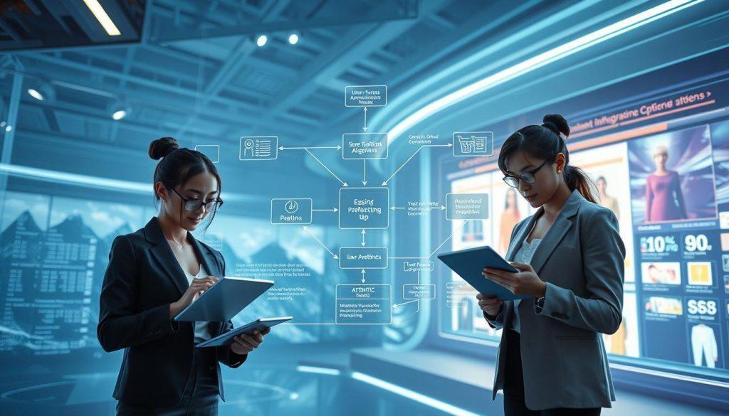 A visually striking illustration of the operational flow of an aesthetic prediction model. In the foreground, depict sleek, professional designers scrutinizing data on digital tablets, dressed in business attire. The middle layer features a flowchart intertwining data points and machine learning algorithms, with nodes illustrating user preferences and aesthetic trends. In the background, a futuristic digital landscape showcases a vibrant e-commerce interface, integrating personalized product displays guided by predictive analytics. Soft, focused lighting highlights the interactions between the designers and the flowchart, creating a dynamic atmosphere of innovation. The angle is slightly above eye level, capturing both the details of the designers' engagement and the complexity of the model. The overall mood conveys a sense of collaboration and advanced technology within the realm of personalized e-commerce. A visually striking illustration of the operational flow of an aesthetic prediction model. In the foreground, depict sleek, professional designers scrutinizing data on digital tablets, dressed in business attire. The middle layer features a flowchart intertwining data points and machine learning algorithms, with nodes illustrating user preferences and aesthetic trends. In the background, a futuristic digital landscape showcases a vibrant e-commerce interface, integrating personalized product displays guided by predictive analytics. Soft, focused lighting highlights the interactions between the designers and the flowchart, creating a dynamic atmosphere of innovation. The angle is slightly above eye level, capturing both the details of the designers' engagement and the complexity of the model. The overall mood conveys a sense of collaboration and advanced technology within the realm of personalized e-commerce.