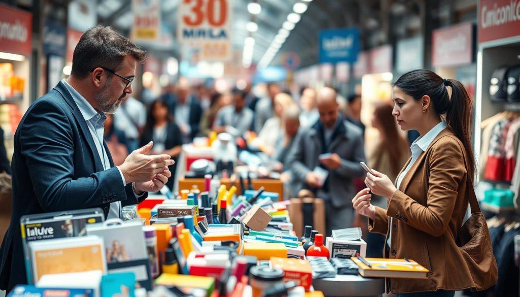 A visually striking image depicting product differentiation in e-commerce. In the foreground, showcase a vibrant market scene with two different sellers. One is displaying unique, innovative products, while the other showcases generic items. Focus on the first seller, who is engaging with a customer, highlighting the distinct features of the products. In the middle ground, include a variety of colorful, well-designed products that stand out against a blurred backdrop of a competitive marketplace. The background should convey a busy atmosphere, filled with shoppers in casual business attire. Use soft, natural daylight to create an inviting atmosphere, with a moderate depth of field to emphasize the sellers. The overall mood should reflect creativity and strategic thinking, emphasizing the importance of product uniqueness. A visually striking image depicting product differentiation in e-commerce. In the foreground, showcase a vibrant market scene with two different sellers. One is displaying unique, innovative products, while the other showcases generic items. Focus on the first seller, who is engaging with a customer, highlighting the distinct features of the products. In the middle ground, include a variety of colorful, well-designed products that stand out against a blurred backdrop of a competitive marketplace. The background should convey a busy atmosphere, filled with shoppers in casual business attire. Use soft, natural daylight to create an inviting atmosphere, with a moderate depth of field to emphasize the sellers. The overall mood should reflect creativity and strategic thinking, emphasizing the importance of product uniqueness.