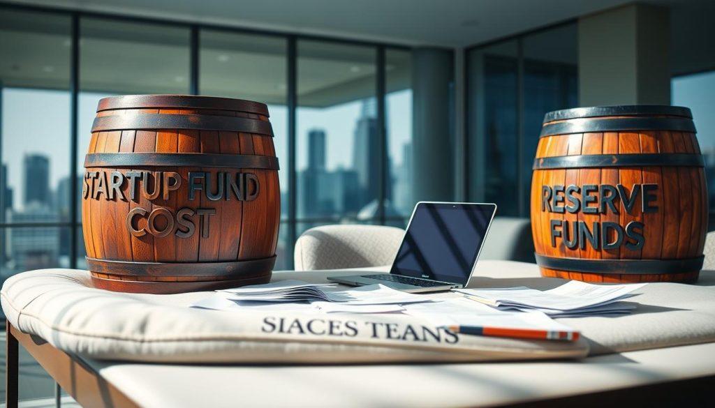 A visually striking image featuring three large, distinct barrels labeled "Startup Fund," "Operating Costs," and "Reserve Funds." In the foreground, the barrels are made of polished wood, showcasing intricate carvings that symbolize financial growth, with vibrant colors illustrating the different fund categories. In the middle, a soft desk with a laptop opened and various financial documents scattered, indicating a busy planning session for an e-commerce startup. The background features a blurred city skyline, suggesting a business environment. Natural light filters in through a nearby window, creating a warm, inspiring atmosphere. The scene conveys a sense of professionalism and financial foresight, ideal for a strategic planning discussion. A visually striking image featuring three large, distinct barrels labeled "Startup Fund," "Operating Costs," and "Reserve Funds." In the foreground, the barrels are made of polished wood, showcasing intricate carvings that symbolize financial growth, with vibrant colors illustrating the different fund categories. In the middle, a soft desk with a laptop opened and various financial documents scattered, indicating a busy planning session for an e-commerce startup. The background features a blurred city skyline, suggesting a business environment. Natural light filters in through a nearby window, creating a warm, inspiring atmosphere. The scene conveys a sense of professionalism and financial foresight, ideal for a strategic planning discussion.