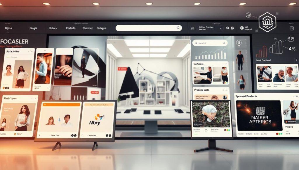 A visually striking layout of an e-commerce platform showcasing various ad placements in a structured and organized fashion. The foreground features detailed examples of different ad formats—including banners, video ads, and sponsored product listings—each distinctly labeled for clarity. In the middle, there’s a sleek, modern digital environment that conveys a seamless user experience, with a palette of soft colors to ensure the layout is visually appealing yet professional. The background includes abstract representations of data analytics graphs and AI integration symbols, subtly highlighting the technological aspect of RMN applications. Soft, warm lighting bathes the scene, creating an inviting atmosphere. The perspective is slightly elevated, giving a comprehensive view of the ad configurations in action, emphasizing their impact on engagement. A visually striking layout of an e-commerce platform showcasing various ad placements in a structured and organized fashion. The foreground features detailed examples of different ad formats—including banners, video ads, and sponsored product listings—each distinctly labeled for clarity. In the middle, there’s a sleek, modern digital environment that conveys a seamless user experience, with a palette of soft colors to ensure the layout is visually appealing yet professional. The background includes abstract representations of data analytics graphs and AI integration symbols, subtly highlighting the technological aspect of RMN applications. Soft, warm lighting bathes the scene, creating an inviting atmosphere. The perspective is slightly elevated, giving a comprehensive view of the ad configurations in action, emphasizing their impact on engagement.
