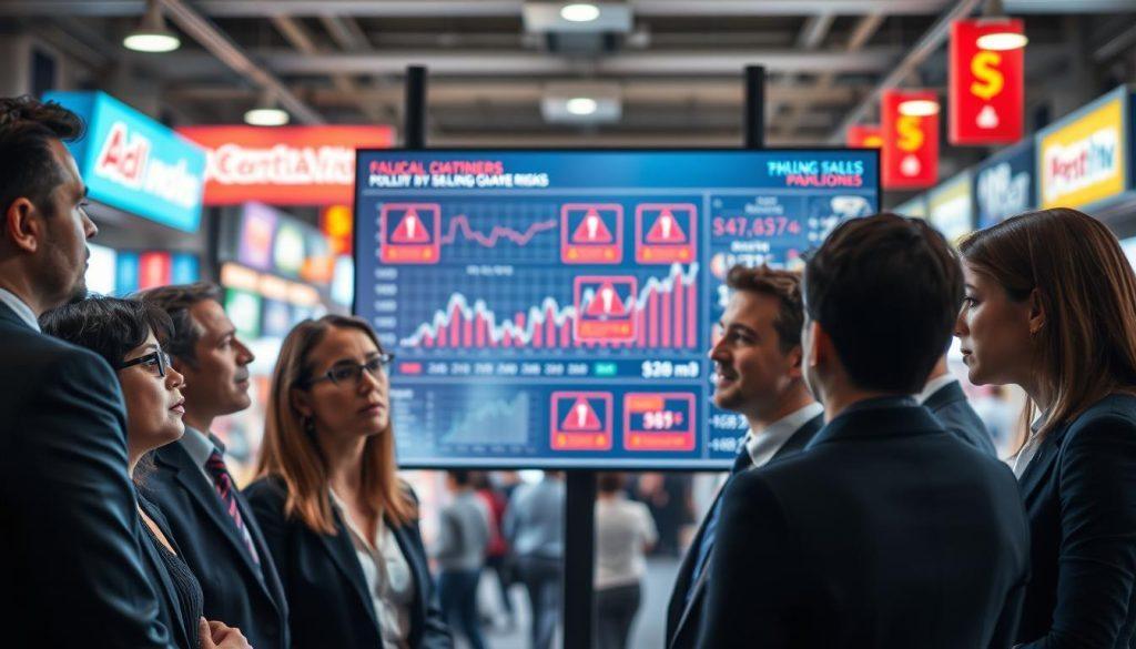 A visually striking representation of "platform policy risks," focusing on a business environment. In the foreground, a diverse group of professionals in smart business attire are engaged in a serious discussion, their expressions reflecting concern. The middle layer shows a large digital screen displaying graphs and charts, symbolizing market data and platform analytics, with warning signs and red alert icons hinting at potential risks. In the background, a blurred image of a bustling marketplace to suggest various selling platforms, evoking a sense of urgency and complexity. The lighting is bright and focused, highlighting the individuals and the screen, casting soft shadows to create depth. The overall mood is tense yet collaborative, emphasizing the importance of diversifying sales channels in a digital landscape. A visually striking representation of "platform policy risks," focusing on a business environment. In the foreground, a diverse group of professionals in smart business attire are engaged in a serious discussion, their expressions reflecting concern. The middle layer shows a large digital screen displaying graphs and charts, symbolizing market data and platform analytics, with warning signs and red alert icons hinting at potential risks. In the background, a blurred image of a bustling marketplace to suggest various selling platforms, evoking a sense of urgency and complexity. The lighting is bright and focused, highlighting the individuals and the screen, casting soft shadows to create depth. The overall mood is tense yet collaborative, emphasizing the importance of diversifying sales channels in a digital landscape.