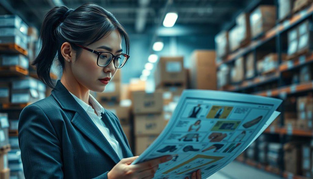 A visually striking representation of "囤貨風險," featuring a professional businesswoman analyzing inventory costs. In the foreground, she closely examines a spreadsheet with various product images and price tags. Her expression is focused, wearing a neat blazer and glasses. In the middle ground, stacks of boxes and shelves filled with unsold merchandise depict the burden of excess stock. The background shows a blurred warehouse environment, with soft overhead lighting casting gentle shadows, creating a sense of seriousness and contemplation. The color palette should be cool tones, predominately blues and greys, enhancing the atmosphere of caution and analysis about holding inventory. Overall, the image should evoke a mood of thoughtful decision-making amidst the complexities of e-commerce. A visually striking representation of "囤貨風險," featuring a professional businesswoman analyzing inventory costs. In the foreground, she closely examines a spreadsheet with various product images and price tags. Her expression is focused, wearing a neat blazer and glasses. In the middle ground, stacks of boxes and shelves filled with unsold merchandise depict the burden of excess stock. The background shows a blurred warehouse environment, with soft overhead lighting casting gentle shadows, creating a sense of seriousness and contemplation. The color palette should be cool tones, predominately blues and greys, enhancing the atmosphere of caution and analysis about holding inventory. Overall, the image should evoke a mood of thoughtful decision-making amidst the complexities of e-commerce.