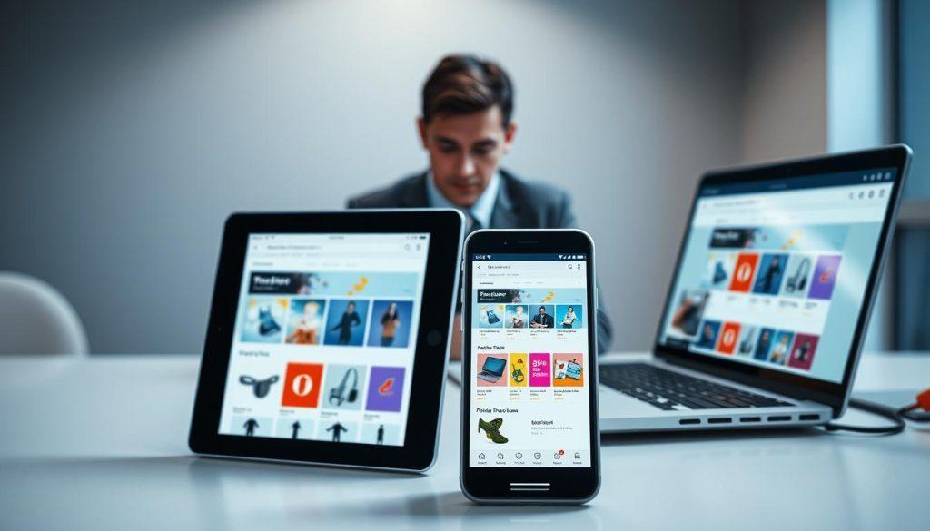 A visually striking scene showcasing a cross-device synchronization interface that demonstrates seamless user experience across multiple screens. In the foreground, a tablet and a smartphone display a dynamically generated UI, featuring personalized e-commerce search results with vibrant colors and varied product designs. The middle ground includes a laptop showing the same interface, slightly angled to reveal consistency across devices. In the background, a subtle office environment is depicted with a professional individual dressed in business attire, focused on their devices. Soft, ambient lighting highlights the screens, creating a coherent and inviting atmosphere. The overall mood conveys innovation and a forward-thinking approach to technology. A visually striking scene showcasing a cross-device synchronization interface that demonstrates seamless user experience across multiple screens. In the foreground, a tablet and a smartphone display a dynamically generated UI, featuring personalized e-commerce search results with vibrant colors and varied product designs. The middle ground includes a laptop showing the same interface, slightly angled to reveal consistency across devices. In the background, a subtle office environment is depicted with a professional individual dressed in business attire, focused on their devices. Soft, ambient lighting highlights the screens, creating a coherent and inviting atmosphere. The overall mood conveys innovation and a forward-thinking approach to technology.
