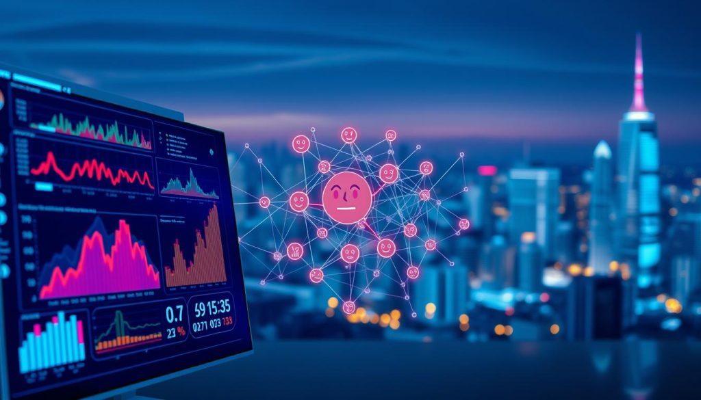 An advanced emotional analysis application architecture for e-commerce, depicted in a visually engaging manner. In the foreground, a sleek, modern digital interface showcases vibrant graphs and emotional data visualizations in sharp, high-resolution. In the middle layer, intricate network connections symbolize data flows, with abstract representations of consumers' emotional states, such as happy, neutral, and frustrated faces, subtly integrated within the architecture. The background features a stylized city skyline with glowing lights, illustrating the e-commerce landscape. Incorporate a cool blue color palette with hints of warm colors, suggesting a blend of technology and human emotion. The scene is illuminated with soft, ambient lighting and viewed from a slightly elevated angle to enhance depth and perspective, creating an atmosphere of innovation and insight. An advanced emotional analysis application architecture for e-commerce, depicted in a visually engaging manner. In the foreground, a sleek, modern digital interface showcases vibrant graphs and emotional data visualizations in sharp, high-resolution. In the middle layer, intricate network connections symbolize data flows, with abstract representations of consumers' emotional states, such as happy, neutral, and frustrated faces, subtly integrated within the architecture. The background features a stylized city skyline with glowing lights, illustrating the e-commerce landscape. Incorporate a cool blue color palette with hints of warm colors, suggesting a blend of technology and human emotion. The scene is illuminated with soft, ambient lighting and viewed from a slightly elevated angle to enhance depth and perspective, creating an atmosphere of innovation and insight.