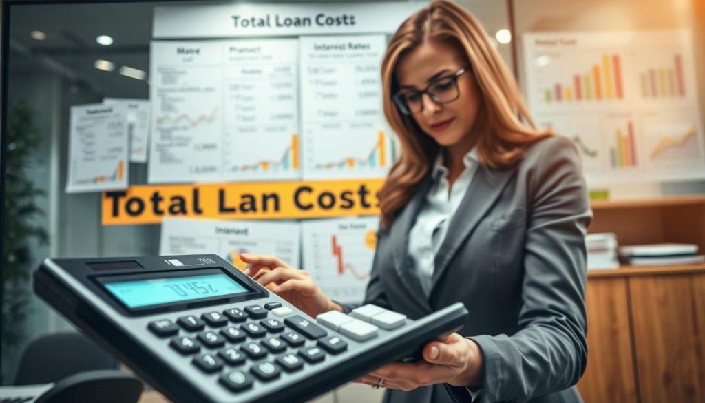 An informative and visually striking scene depicting the concept of "Total Loan Cost." In the foreground, a confident businesswoman in professional attire examines a large calculator with interest percentages and various loan terms highlighted on the screen. In the middle ground, a backdrop of financial documents, graphs, and charts illustrate differences between interest rates and total loan costs, creating a visually rich environment. The background should feature a modern office setting with soft, diffused lighting that creates an inviting and focused atmosphere. Use a slightly tilted angle for dynamic perspective. The overall mood should convey awareness and professionalism, emphasizing the importance of understanding total loan costs rather than just interest rates. An informative and visually striking scene depicting the concept of "Total Loan Cost." In the foreground, a confident businesswoman in professional attire examines a large calculator with interest percentages and various loan terms highlighted on the screen. In the middle ground, a backdrop of financial documents, graphs, and charts illustrate differences between interest rates and total loan costs, creating a visually rich environment. The background should feature a modern office setting with soft, diffused lighting that creates an inviting and focused atmosphere. Use a slightly tilted angle for dynamic perspective. The overall mood should convey awareness and professionalism, emphasizing the importance of understanding total loan costs rather than just interest rates.