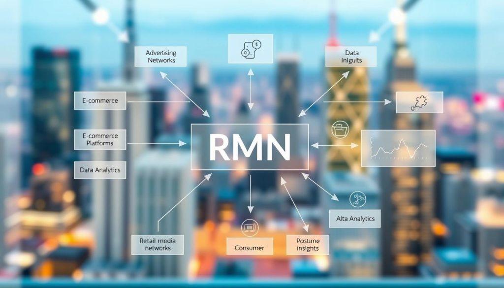 An intricate diagram illustrating the concept structure of Retail Media Networks (RMN). The foreground features clearly labeled components such as e-commerce platforms, advertising networks, and AI data analytics, all interconnected by arrows and lines to show relationships. The middle background includes subtle representations of data flow and consumer insights, depicted as flowing charts and graphs, emphasizing the integration of AI in advertising. The background should have a blurred city skyline, symbolizing the vast digital marketplace. The lighting is modern and bright, creating a professional atmosphere. The color palette is a mix of blue and green tones, conveying trust and innovation. The overall mood is informative and forward-thinking, suitable for a tech-focused article. No text or annotations present. An intricate diagram illustrating the concept structure of Retail Media Networks (RMN). The foreground features clearly labeled components such as e-commerce platforms, advertising networks, and AI data analytics, all interconnected by arrows and lines to show relationships. The middle background includes subtle representations of data flow and consumer insights, depicted as flowing charts and graphs, emphasizing the integration of AI in advertising. The background should have a blurred city skyline, symbolizing the vast digital marketplace. The lighting is modern and bright, creating a professional atmosphere. The color palette is a mix of blue and green tones, conveying trust and innovation. The overall mood is informative and forward-thinking, suitable for a tech-focused article. No text or annotations present.