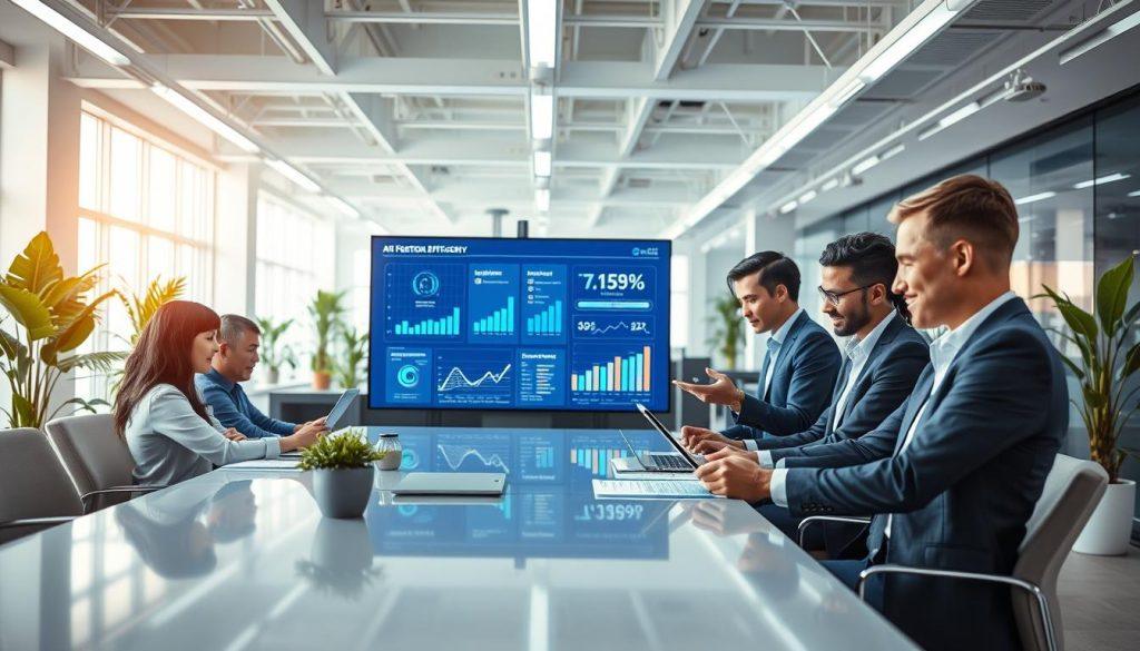 An office environment showcasing the theme of operational efficiency improvement through automation and AI. In the foreground, a diverse group of professionals in smart business attire collaborate around a sleek conference table, analyzing data on digital devices. The middle layer features an advanced AI interface displayed on a large screen, illustrating graphs and statistics that highlight increased productivity and customer service metrics. In the background, a modern workspace with bright lighting, green plants, and seamless technology integration creates a vibrant, innovative atmosphere. The overall mood is one of optimism and forward-thinking, emphasizing a collective effort towards effective business solutions. The perspective is slightly angled to provide depth, capturing both teamwork and technological advancement. An office environment showcasing the theme of operational efficiency improvement through automation and AI. In the foreground, a diverse group of professionals in smart business attire collaborate around a sleek conference table, analyzing data on digital devices. The middle layer features an advanced AI interface displayed on a large screen, illustrating graphs and statistics that highlight increased productivity and customer service metrics. In the background, a modern workspace with bright lighting, green plants, and seamless technology integration creates a vibrant, innovative atmosphere. The overall mood is one of optimism and forward-thinking, emphasizing a collective effort towards effective business solutions. The perspective is slightly angled to provide depth, capturing both teamwork and technological advancement.
