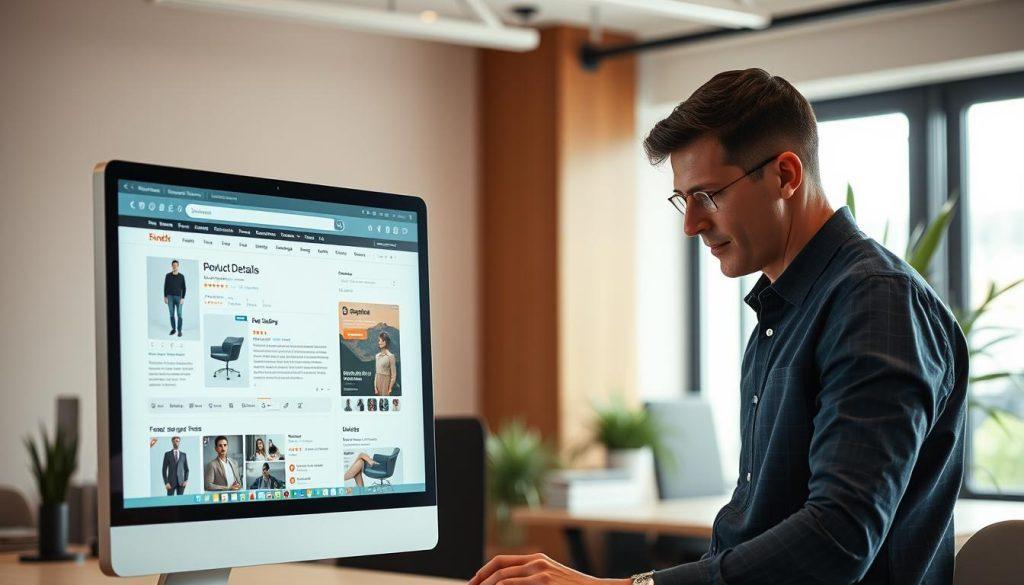 A modern, stylish e-commerce product page layout showcased on a computer screen in a well-lit office environment. In the foreground, the screen displays a beautifully optimized product detail section featuring high-quality images, detailed descriptions, and customer reviews. The middle ground includes a focused view of a professional, casually dressed person analyzing the product page, looking thoughtful and engaged. In the background, a clean, contemporary office with subtle greenery and soft natural light filtering through a window creates a productive atmosphere. The image has a warm, inviting tone, evoking a sense of professionalism and efficiency in digital marketing strategies. The camera angle is slightly above eye level, providing a clear view of both the screen and the person, while maintaining an overall cinematic feel. A modern, stylish e-commerce product page layout showcased on a computer screen in a well-lit office environment. In the foreground, the screen displays a beautifully optimized product detail section featuring high-quality images, detailed descriptions, and customer reviews. The middle ground includes a focused view of a professional, casually dressed person analyzing the product page, looking thoughtful and engaged. In the background, a clean, contemporary office with subtle greenery and soft natural light filtering through a window creates a productive atmosphere. The image has a warm, inviting tone, evoking a sense of professionalism and efficiency in digital marketing strategies. The camera angle is slightly above eye level, providing a clear view of both the screen and the person, while maintaining an overall cinematic feel.