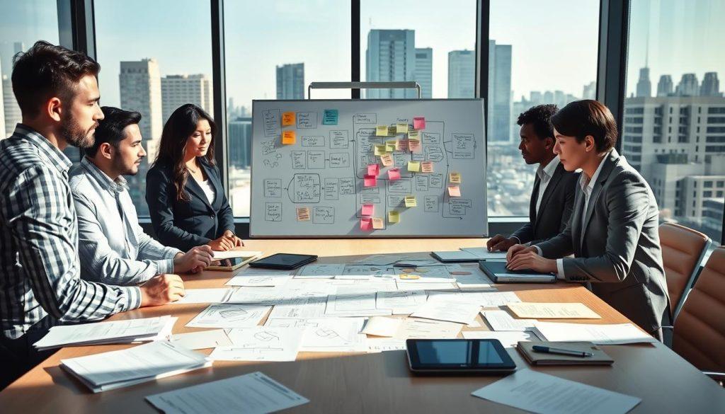A business meeting scene illustrating the concept of "task decomposition." In the foreground, a diverse group of four professionals, dressed in smart business attire, are engaged in a brainstorming session around a large conference table. Papers and digital tablets scattered about, showcasing flowcharts and task breakdowns. In the middle ground, a whiteboard filled with complex diagrams and sticky notes, demonstrating poor process design and the pitfalls of path dependence. The background features large windows allowing natural light to flood the room, casting soft shadows, with a city skyline visible outside. The atmosphere is tense yet focused, highlighting the challenges of effective workflow planning and the consequences of failure. A business meeting scene illustrating the concept of "task decomposition." In the foreground, a diverse group of four professionals, dressed in smart business attire, are engaged in a brainstorming session around a large conference table. Papers and digital tablets scattered about, showcasing flowcharts and task breakdowns. In the middle ground, a whiteboard filled with complex diagrams and sticky notes, demonstrating poor process design and the pitfalls of path dependence. The background features large windows allowing natural light to flood the room, casting soft shadows, with a city skyline visible outside. The atmosphere is tense yet focused, highlighting the challenges of effective workflow planning and the consequences of failure.