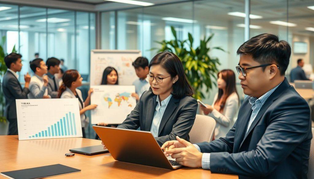 A bustling office environment in Taiwan, showcasing a diverse group of professionals engaged in a collaborative discussion around a large conference table. In the foreground, two individuals in smart business attire are analyzing a chart on a laptop, their expressions focused and determined. The middle ground features a mix of people, including a woman taking notes and a man presenting ideas on a whiteboard filled with colorful diagrams. The background is a modern office with glass walls, plants for a touch of greenery, and soft ambient lighting enhancing the professional atmosphere. The overall mood is one of ambition and teamwork, reflecting the entrepreneurial spirit in Taiwan's startup culture. Use a slight depth of field to keep the focus on the foreground subjects while softly blurring the background. A bustling office environment in Taiwan, showcasing a diverse group of professionals engaged in a collaborative discussion around a large conference table. In the foreground, two individuals in smart business attire are analyzing a chart on a laptop, their expressions focused and determined. The middle ground features a mix of people, including a woman taking notes and a man presenting ideas on a whiteboard filled with colorful diagrams. The background is a modern office with glass walls, plants for a touch of greenery, and soft ambient lighting enhancing the professional atmosphere. The overall mood is one of ambition and teamwork, reflecting the entrepreneurial spirit in Taiwan's startup culture. Use a slight depth of field to keep the focus on the foreground subjects while softly blurring the background.
