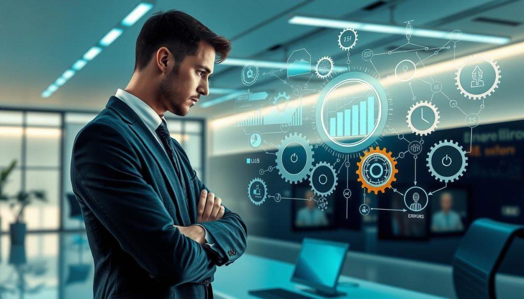 A conceptual illustration depicting the theme of multi-step tasks and cumulative errors in an AI context. In the foreground, a thoughtful business professional in formal attire is examining a digital holographic interface displaying complex graphs and charts representing data flow and errors. In the middle ground, various interconnected gears and clocks symbolize the progression of tasks and the impact of cumulative errors. The background features a sleek, modern workspace with soft ambient lighting creating an inspiring and analytical atmosphere. The angle is slightly tilted as if the viewer is peering over the professional's shoulder, emphasizing focus and determination. The color palette includes cool blues and greens, conveying a sense of precision and technology. A conceptual illustration depicting the theme of multi-step tasks and cumulative errors in an AI context. In the foreground, a thoughtful business professional in formal attire is examining a digital holographic interface displaying complex graphs and charts representing data flow and errors. In the middle ground, various interconnected gears and clocks symbolize the progression of tasks and the impact of cumulative errors. The background features a sleek, modern workspace with soft ambient lighting creating an inspiring and analytical atmosphere. The angle is slightly tilted as if the viewer is peering over the professional's shoulder, emphasizing focus and determination. The color palette includes cool blues and greens, conveying a sense of precision and technology.