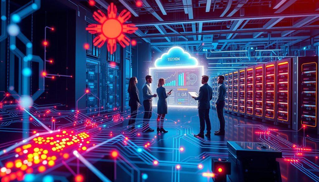 A conceptual illustration of "system integration" in a digital environment. In the foreground, display intricate circuit patterns and interconnected devices symbolizing data flow, with vibrant lights representing data transfer. In the middle, depict a diverse team of professionals in business attire collaborating around a glowing holographic interface, examining data patterns and troubleshooting issues. In the background, show a stylized representation of a cloud network and database servers to emphasize the technological aspect of the environment. The lighting should be bright and focused on the holographic interface, creating a futuristic and dynamic atmosphere. Use a wide-angle view to encompass the collaborative effort and integrated system, conveying the complexity of AI agents and the potential for error within integrated systems. A conceptual illustration of "system integration" in a digital environment. In the foreground, display intricate circuit patterns and interconnected devices symbolizing data flow, with vibrant lights representing data transfer. In the middle, depict a diverse team of professionals in business attire collaborating around a glowing holographic interface, examining data patterns and troubleshooting issues. In the background, show a stylized representation of a cloud network and database servers to emphasize the technological aspect of the environment. The lighting should be bright and focused on the holographic interface, creating a futuristic and dynamic atmosphere. Use a wide-angle view to encompass the collaborative effort and integrated system, conveying the complexity of AI agents and the potential for error within integrated systems.