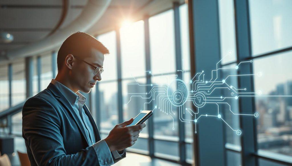 A conceptual visualization of "current stability in workflows" representing traditional RPA capabilities. In the foreground, a sleek, modern office environment with a focused business professional in smart attire, working with a digital tablet that displays interconnected flowcharts. In the middle ground, a sophisticated representation of a digital network or circuit board symbolizing automated processes, with flowing lines indicating stability and structure. The background features large windows with a view of a cityscape, bathed in soft, diffuse sunlight creating a bright and optimistic atmosphere. The scene should have a balanced composition, with a slight depth of field to emphasize the foreground subject and a clean, organized aesthetic evoking efficiency and professionalism. A conceptual visualization of "current stability in workflows" representing traditional RPA capabilities. In the foreground, a sleek, modern office environment with a focused business professional in smart attire, working with a digital tablet that displays interconnected flowcharts. In the middle ground, a sophisticated representation of a digital network or circuit board symbolizing automated processes, with flowing lines indicating stability and structure. The background features large windows with a view of a cityscape, bathed in soft, diffuse sunlight creating a bright and optimistic atmosphere. The scene should have a balanced composition, with a slight depth of field to emphasize the foreground subject and a clean, organized aesthetic evoking efficiency and professionalism.
