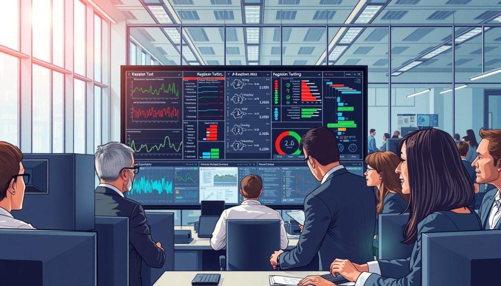 A detailed illustration of a modern office workspace where teams are engaged in rigorous regression testing for AI solutions. In the foreground, a diverse group of professionals, dressed in smart business attire, examines data on large monitors, with expressions of focus and determination. The middle layer features a large screen displaying complex graphs, regression test results, and algorithmic structures. In the background, a glass wall reveals more team members collaborating, surrounded by tech devices and digital displays. Natural light floods the room, creating a professional yet inviting atmosphere, highlighted by a slight lens flare. The scene conveys a sense of urgency and analytical rigor, emphasizing the importance of systematic evaluation in AI implementation. A detailed illustration of a modern office workspace where teams are engaged in rigorous regression testing for AI solutions. In the foreground, a diverse group of professionals, dressed in smart business attire, examines data on large monitors, with expressions of focus and determination. The middle layer features a large screen displaying complex graphs, regression test results, and algorithmic structures. In the background, a glass wall reveals more team members collaborating, surrounded by tech devices and digital displays. Natural light floods the room, creating a professional yet inviting atmosphere, highlighted by a slight lens flare. The scene conveys a sense of urgency and analytical rigor, emphasizing the importance of systematic evaluation in AI implementation.