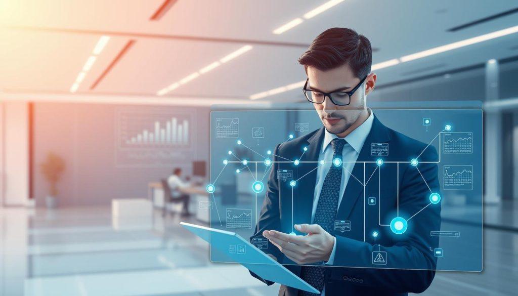 A digital illustration depicting the concept of "traceability in decision-making." In the foreground, a professional individual, dressed in smart business attire, analyzes a complex digital interface filled with charts and interconnected logs documenting various decisions and outcomes. In the middle ground, a holographic display emerges, showcasing a timeline of decisions represented as nodes connected by glowing lines, symbolizing transparency and accountability. The background features a sleek, modern office environment with soft, ambient lighting casting gentle shadows, creating a calm and professional atmosphere. The color palette consists of cool blues and greens, evoking a sense of logic and reason. The image conveys a mood of diligence and clarity, perfect for illustrating the importance of traceability and evidence in the decision-making process. A digital illustration depicting the concept of "traceability in decision-making." In the foreground, a professional individual, dressed in smart business attire, analyzes a complex digital interface filled with charts and interconnected logs documenting various decisions and outcomes. In the middle ground, a holographic display emerges, showcasing a timeline of decisions represented as nodes connected by glowing lines, symbolizing transparency and accountability. The background features a sleek, modern office environment with soft, ambient lighting casting gentle shadows, creating a calm and professional atmosphere. The color palette consists of cool blues and greens, evoking a sense of logic and reason. The image conveys a mood of diligence and clarity, perfect for illustrating the importance of traceability and evidence in the decision-making process.