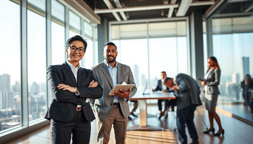 A diverse group of professionals representing various stakeholders in a business environment. In the foreground, a confident Asian woman in a smart business suit stands with arms crossed, symbolizing the user perspective. Next to her, a middle-aged Caucasian man in a neat blazer holds a tablet, representing the developer. In the middle ground, a young Black woman in business casual attire is discussing with several colleagues around a large conference table, indicating collaboration among stakeholders. In the background, a large window shows a city skyline, with natural light pouring in, creating a hopeful and professional atmosphere. The scene reflects unity and responsibility in decision-making, captured at eye level with a slightly wide-angle lens for depth. A diverse group of professionals representing various stakeholders in a business environment. In the foreground, a confident Asian woman in a smart business suit stands with arms crossed, symbolizing the user perspective. Next to her, a middle-aged Caucasian man in a neat blazer holds a tablet, representing the developer. In the middle ground, a young Black woman in business casual attire is discussing with several colleagues around a large conference table, indicating collaboration among stakeholders. In the background, a large window shows a city skyline, with natural light pouring in, creating a hopeful and professional atmosphere. The scene reflects unity and responsibility in decision-making, captured at eye level with a slightly wide-angle lens for depth.