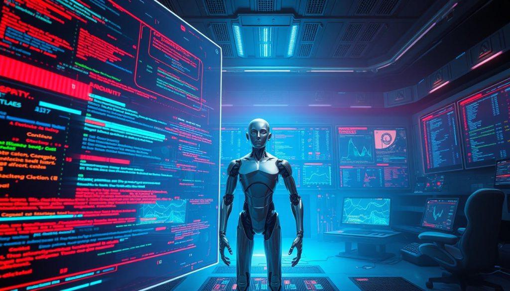 A dramatic illustration of an AI Agent experiencing a failure state. In the foreground, a large, semi-transparent holographic interface displays various glitching data streams and error messages in bright, contrasting colors. In the middle ground, a sleek humanoid AI figure with a metallic surface stands still, its expression a mix of confusion and malfunction, surrounded by flickering lights. The background features a futuristic, dimly lit control room filled with screens displaying chaotic data analytics, code, and warning symbols. Soft blue and red lighting casts an ominous glow, enhancing the mood of tension and uncertainty in the environment. The perspective is slightly elevated to emphasize the interaction between the AI figure and its erring interface. A dramatic illustration of an AI Agent experiencing a failure state. In the foreground, a large, semi-transparent holographic interface displays various glitching data streams and error messages in bright, contrasting colors. In the middle ground, a sleek humanoid AI figure with a metallic surface stands still, its expression a mix of confusion and malfunction, surrounded by flickering lights. The background features a futuristic, dimly lit control room filled with screens displaying chaotic data analytics, code, and warning symbols. Soft blue and red lighting casts an ominous glow, enhancing the mood of tension and uncertainty in the environment. The perspective is slightly elevated to emphasize the interaction between the AI figure and its erring interface.