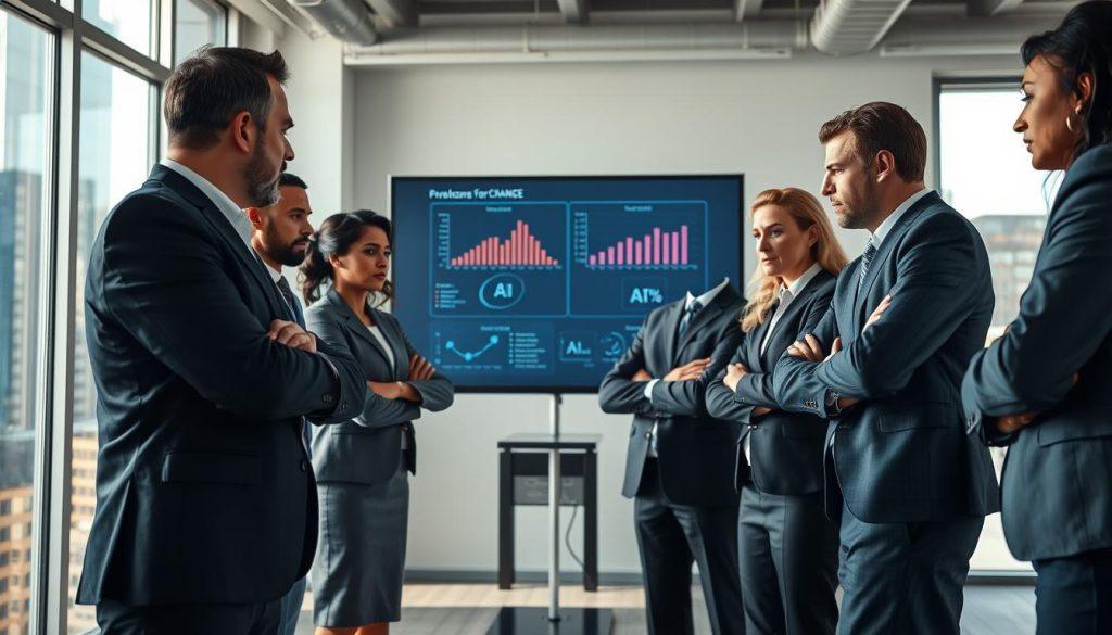 A dynamic scene depicting a corporate change management meeting focused on AI implementation. In the foreground, a diverse group of professionals—men and women of different ethnicities—are engaged in a heated discussion, dressed in smart business attire. They express skepticism, with furrowed brows and crossed arms, illustrating distrust and resistance to change. In the middle ground, a large presentation screen displays graphs and AI-related concepts, contrasting the tension of the group. The background shows a modern office with large windows letting in natural light, creating a bright yet tense atmosphere. Soft shadows highlight the individuals’ expressions, while an angled view captures the urgency of the moment, emphasizing the theme of failed change management due to user mistrust and lack of training. A dynamic scene depicting a corporate change management meeting focused on AI implementation. In the foreground, a diverse group of professionals—men and women of different ethnicities—are engaged in a heated discussion, dressed in smart business attire. They express skepticism, with furrowed brows and crossed arms, illustrating distrust and resistance to change. In the middle ground, a large presentation screen displays graphs and AI-related concepts, contrasting the tension of the group. The background shows a modern office with large windows letting in natural light, creating a bright yet tense atmosphere. Soft shadows highlight the individuals’ expressions, while an angled view captures the urgency of the moment, emphasizing the theme of failed change management due to user mistrust and lack of training.