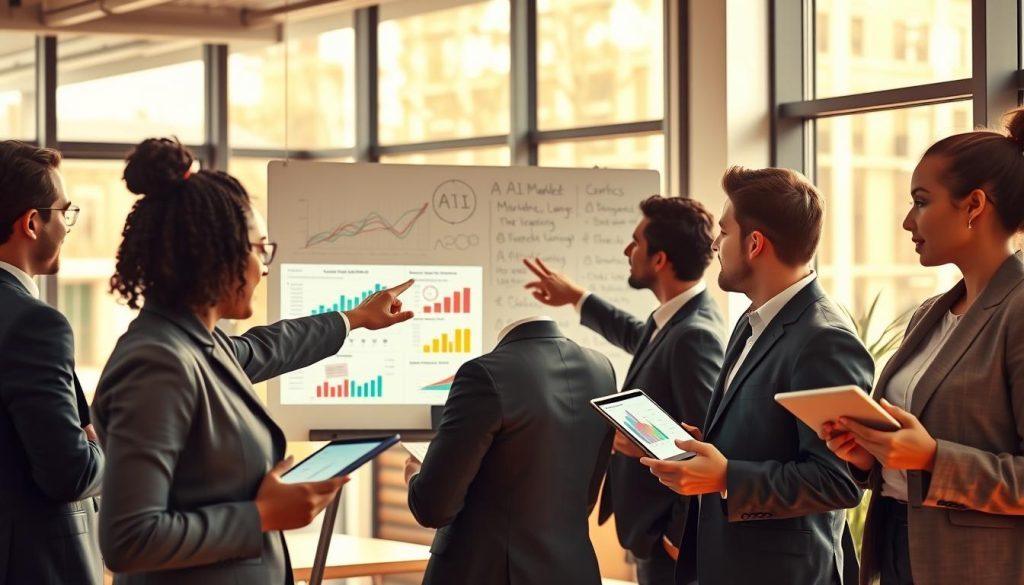 A dynamic scene illustrating the concept of "AI marketing" in a modern office environment. In the foreground, a diverse team of professionals, dressed in smart business attire, collaboratively analyzing data on sleek digital screens and tablets. One individual points at an AI-driven analytics dashboard, showcasing colorful graphs and metrics. In the middle ground, a whiteboard filled with strategic marketing ideas and brainstorming notes, fostering a sense of innovation and collaboration. The background features large windows allowing natural light to flood the space, creating an uplifting atmosphere. The lighting is bright and warm, with a focus on forward momentum and creativity. The overall mood conveys excitement and efficiency, highlighting how AI enhances marketing and growth strategies. A dynamic scene illustrating the concept of "AI marketing" in a modern office environment. In the foreground, a diverse team of professionals, dressed in smart business attire, collaboratively analyzing data on sleek digital screens and tablets. One individual points at an AI-driven analytics dashboard, showcasing colorful graphs and metrics. In the middle ground, a whiteboard filled with strategic marketing ideas and brainstorming notes, fostering a sense of innovation and collaboration. The background features large windows allowing natural light to flood the space, creating an uplifting atmosphere. The lighting is bright and warm, with a focus on forward momentum and creativity. The overall mood conveys excitement and efficiency, highlighting how AI enhances marketing and growth strategies.
