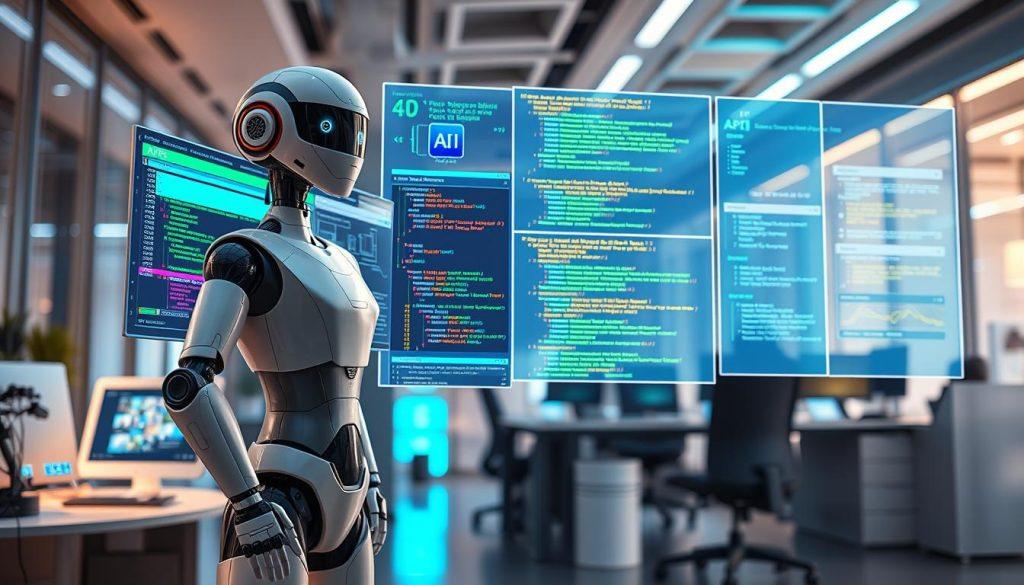 A dynamic scene illustrating the concept of API integration for AI agents. In the foreground, depict a professional-looking AI agent represented as a humanoid robot with a sleek, modern design, standing confidently. In the middle ground, show multiple digital screens displaying data flows, API connections, and code snippets in vibrant colors, symbolizing the complexity and functionality of APIs. In the background, include a futuristic office environment filled with advanced technology, soft blue and green ambient lighting to evoke a sense of innovation and progress. The camera angle should be slightly elevated, providing a dramatic view of the AI agent interacting with the screens, which creates an atmosphere of excitement and technological advancement. A dynamic scene illustrating the concept of API integration for AI agents. In the foreground, depict a professional-looking AI agent represented as a humanoid robot with a sleek, modern design, standing confidently. In the middle ground, show multiple digital screens displaying data flows, API connections, and code snippets in vibrant colors, symbolizing the complexity and functionality of APIs. In the background, include a futuristic office environment filled with advanced technology, soft blue and green ambient lighting to evoke a sense of innovation and progress. The camera angle should be slightly elevated, providing a dramatic view of the AI agent interacting with the screens, which creates an atmosphere of excitement and technological advancement.