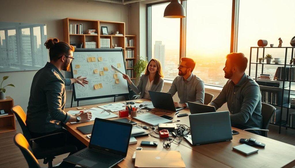 A dynamic, visually engaging workspace showcasing the concept of a Minimum Viable Product (MVP). In the foreground, a diverse team of three professionals, one woman and two men, are brainstorming around a modern conference table cluttered with sketches, laptops, and prototype materials. The woman, dressed in smart casual attire, enthusiastically points at a whiteboard filled with diagrams and post-it notes. In the middle ground, a large window reveals a panoramic view of an urban skyline, casting warm afternoon light into the room, creating a productive atmosphere. In the background, shelves filled with books and tech gadgets emphasize innovation and creativity. The overall mood is inspiring and collaborative, reflecting the essence of testing entrepreneurial ideas through MVP strategies. A dynamic, visually engaging workspace showcasing the concept of a Minimum Viable Product (MVP). In the foreground, a diverse team of three professionals, one woman and two men, are brainstorming around a modern conference table cluttered with sketches, laptops, and prototype materials. The woman, dressed in smart casual attire, enthusiastically points at a whiteboard filled with diagrams and post-it notes. In the middle ground, a large window reveals a panoramic view of an urban skyline, casting warm afternoon light into the room, creating a productive atmosphere. In the background, shelves filled with books and tech gadgets emphasize innovation and creativity. The overall mood is inspiring and collaborative, reflecting the essence of testing entrepreneurial ideas through MVP strategies.