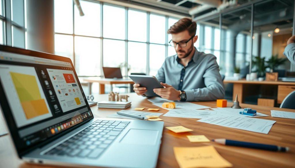 A dynamic workspace illustrating the concept of a Minimum Viable Product (MVP). In the foreground, a sleek laptop displays a colorful wireframe design of a mobile app, surrounded by sketches and sticky notes on a modern wooden desk. In the middle ground, a focused professional in smart casual attire analyzes data on a tablet, surrounded by innovative prototypes like simple product models and user feedback forms. The background features a bright, airy office with large windows letting in natural light, showcasing an urban landscape. Use a soft focus to create a warm, collaborative atmosphere, capturing the essence of creativity and productivity in entrepreneurship. The angle is slightly above eye level, providing a comprehensive view of the workspace. A dynamic workspace illustrating the concept of a Minimum Viable Product (MVP). In the foreground, a sleek laptop displays a colorful wireframe design of a mobile app, surrounded by sketches and sticky notes on a modern wooden desk. In the middle ground, a focused professional in smart casual attire analyzes data on a tablet, surrounded by innovative prototypes like simple product models and user feedback forms. The background features a bright, airy office with large windows letting in natural light, showcasing an urban landscape. Use a soft focus to create a warm, collaborative atmosphere, capturing the essence of creativity and productivity in entrepreneurship. The angle is slightly above eye level, providing a comprehensive view of the workspace.