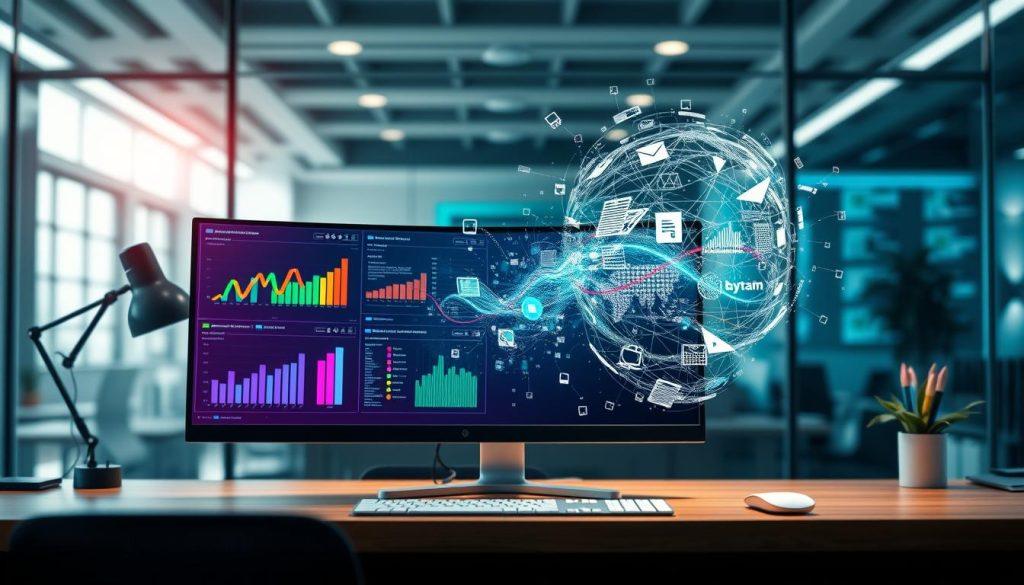 A dynamic workspace showcasing the contrast between structured data and unstructured content. In the foreground, a sleek computer monitor displays charts and organized datasets in a vibrant color palette, surrounded by graphs and flowcharts symbolizing structured data. In the middle, there is a holographic representation of complex, unstructured data streams like social media feeds and text documents, swirling around to create a visual juxtaposition. The background features a modern office environment with soft, ambient lighting, emphasizing a high-tech atmosphere. The composition is viewed from a slightly elevated angle, providing depth, while the overall mood conveys innovation and clarity in data management, embodying the essence of transitioning from traditional methods to AI-driven insights. A dynamic workspace showcasing the contrast between structured data and unstructured content. In the foreground, a sleek computer monitor displays charts and organized datasets in a vibrant color palette, surrounded by graphs and flowcharts symbolizing structured data. In the middle, there is a holographic representation of complex, unstructured data streams like social media feeds and text documents, swirling around to create a visual juxtaposition. The background features a modern office environment with soft, ambient lighting, emphasizing a high-tech atmosphere. The composition is viewed from a slightly elevated angle, providing depth, while the overall mood conveys innovation and clarity in data management, embodying the essence of transitioning from traditional methods to AI-driven insights.