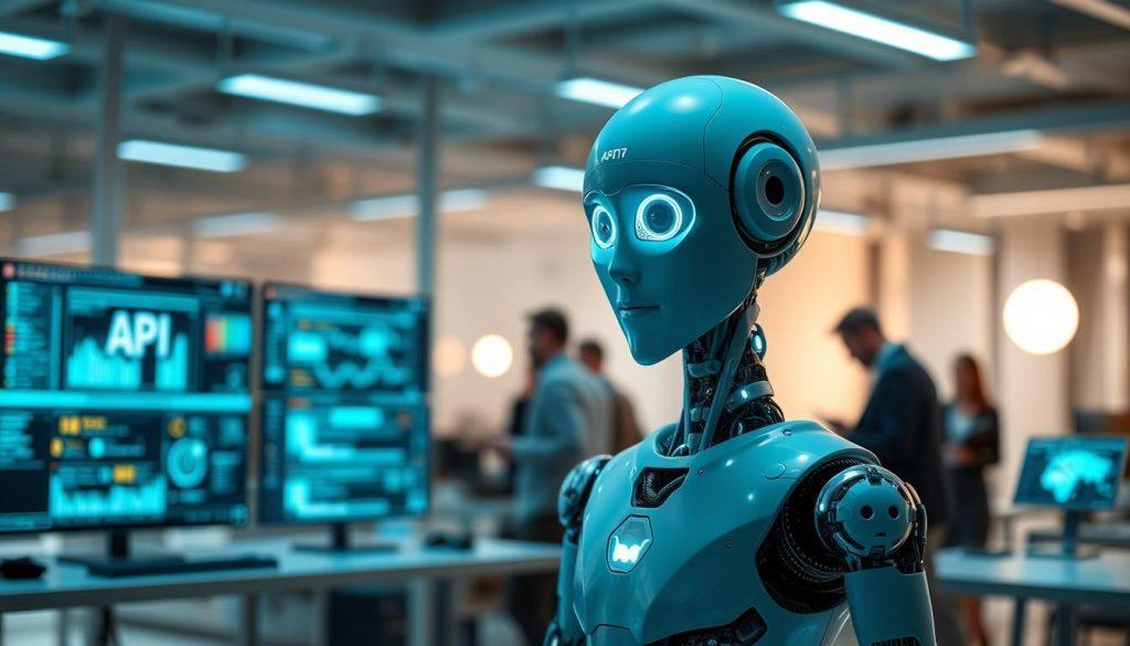 A focused AI agent represented as a sleek, futuristic android with an illuminated interface, standing confidently in a modern office environment. The foreground features the agent with its expressive digital eyes and intricate circuitry glowing softly. In the middle ground, there are futuristic desktop screens displaying various data streams and API connections, hinting at complex interactions. The background reveals a busy office setting with professionals in business attire collaborating, symbolizing the synergy between human and AI technology. Soft, cool lighting casts a professional atmosphere, emphasizing innovation and intelligence. A slight depth of field effect draws attention to the agent while creating a sense of depth in the workspace. The mood is one of advanced technology meeting human creativity and collaboration. A focused AI agent represented as a sleek, futuristic android with an illuminated interface, standing confidently in a modern office environment. The foreground features the agent with its expressive digital eyes and intricate circuitry glowing softly. In the middle ground, there are futuristic desktop screens displaying various data streams and API connections, hinting at complex interactions. The background reveals a busy office setting with professionals in business attire collaborating, symbolizing the synergy between human and AI technology. Soft, cool lighting casts a professional atmosphere, emphasizing innovation and intelligence. A slight depth of field effect draws attention to the agent while creating a sense of depth in the workspace. The mood is one of advanced technology meeting human creativity and collaboration.