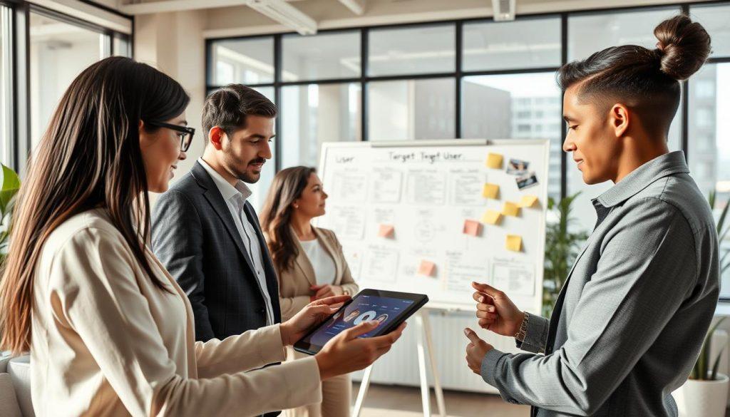 A focused scene depicting a diverse group of professionals in a modern office environment, brainstorming strategies for target user identification. In the foreground, a man and a woman, dressed in business attire, examine a digital tablet displaying user personas. The middle ground features a whiteboard filled with diagrams and post-it notes related to user scenarios and market segmentation. The background shows a large window allowing natural light to flood in, highlighting the sleek office furniture and plants that add a touch of greenery. The atmosphere conveys a sense of collaboration and innovation, with a warm color palette to evoke creativity and productivity. The angle captures the dynamic interaction, emphasizing teamwork without any text or distractions. A focused scene depicting a diverse group of professionals in a modern office environment, brainstorming strategies for target user identification. In the foreground, a man and a woman, dressed in business attire, examine a digital tablet displaying user personas. The middle ground features a whiteboard filled with diagrams and post-it notes related to user scenarios and market segmentation. The background shows a large window allowing natural light to flood in, highlighting the sleek office furniture and plants that add a touch of greenery. The atmosphere conveys a sense of collaboration and innovation, with a warm color palette to evoke creativity and productivity. The angle captures the dynamic interaction, emphasizing teamwork without any text or distractions.
