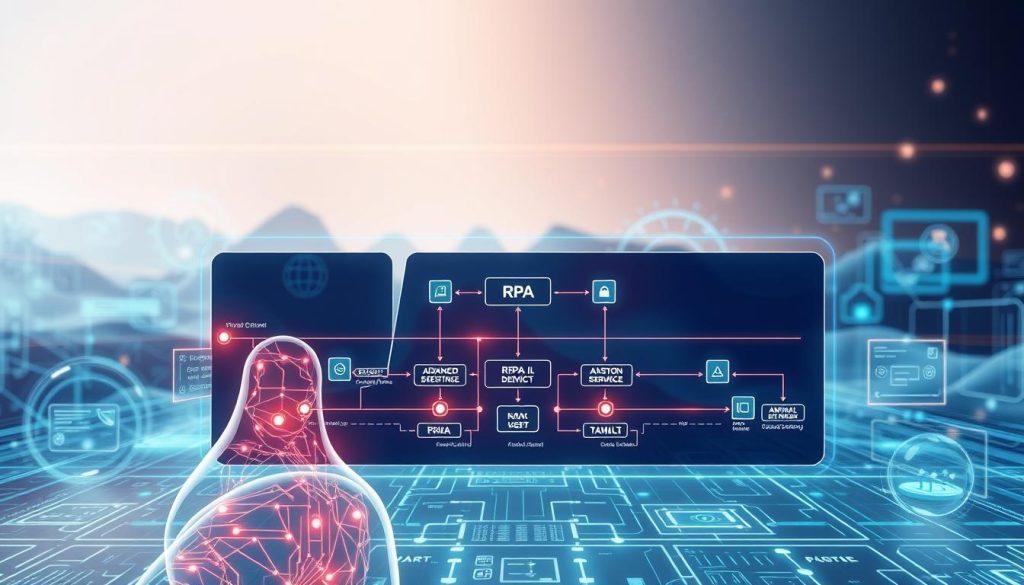 A futuristic AI agent architecture diagram illustrating the core differences between traditional RPA and intelligent agent systems. In the foreground, feature a sleek, semi-transparent AI agent with glowing circuits representing advanced decision-making capabilities. In the middle layer, include a series of interconnected workflow nodes, some resembling the linear structure of traditional RPA and others depicting a more dynamic, adaptable network design for the AI agent. The background should showcase a digital landscape with abstract data flows and holographic user interfaces, emphasizing innovation and technology. Use bright, clean lighting for a high-tech ambiance, shot from a slightly elevated angle to convey depth and complexity. The overall mood should feel modern and forward-thinking, encapsulating the essence of evolving technology in automation. A futuristic AI agent architecture diagram illustrating the core differences between traditional RPA and intelligent agent systems. In the foreground, feature a sleek, semi-transparent AI agent with glowing circuits representing advanced decision-making capabilities. In the middle layer, include a series of interconnected workflow nodes, some resembling the linear structure of traditional RPA and others depicting a more dynamic, adaptable network design for the AI agent. The background should showcase a digital landscape with abstract data flows and holographic user interfaces, emphasizing innovation and technology. Use bright, clean lighting for a high-tech ambiance, shot from a slightly elevated angle to convey depth and complexity. The overall mood should feel modern and forward-thinking, encapsulating the essence of evolving technology in automation.
