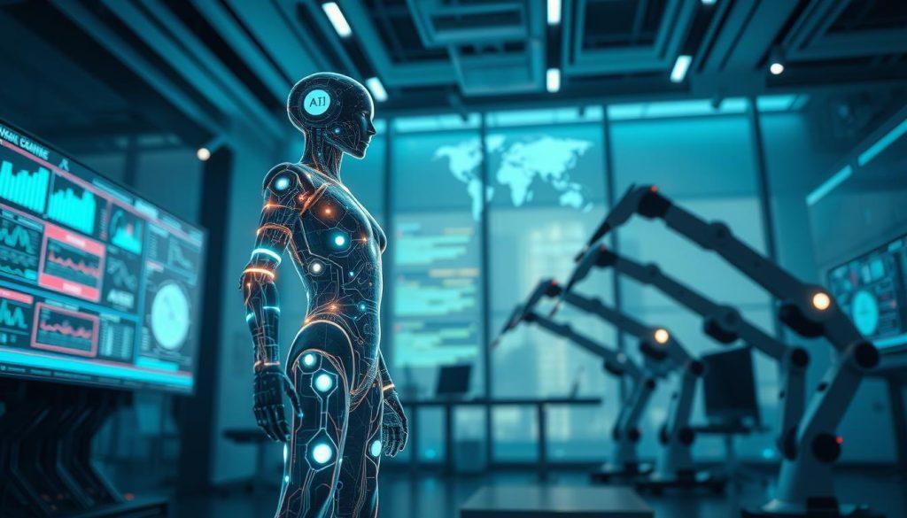 A futuristic AI agent concept, visually represented as a sleek, humanoid figure composed of glowing circuits and delicate digital patterns, engaging with various robotic process automation (RPA) elements. In the foreground, the AI agent stands confidently with a transparent digital interface displaying data streams and workflows. The middle ground features interconnected robotic arms performing tasks, symbolizing traditional RPA technology. The background depicts a high-tech office environment with large screens showing analytics and global connections, bathed in soft blue and green lighting to create an innovative atmosphere. The composition is shot from a low angle to emphasize the AI agent's stature, evoking a sense of advanced technology and problem-solving capabilities in the digital age. A futuristic AI agent concept, visually represented as a sleek, humanoid figure composed of glowing circuits and delicate digital patterns, engaging with various robotic process automation (RPA) elements. In the foreground, the AI agent stands confidently with a transparent digital interface displaying data streams and workflows. The middle ground features interconnected robotic arms performing tasks, symbolizing traditional RPA technology. The background depicts a high-tech office environment with large screens showing analytics and global connections, bathed in soft blue and green lighting to create an innovative atmosphere. The composition is shot from a low angle to emphasize the AI agent's stature, evoking a sense of advanced technology and problem-solving capabilities in the digital age.