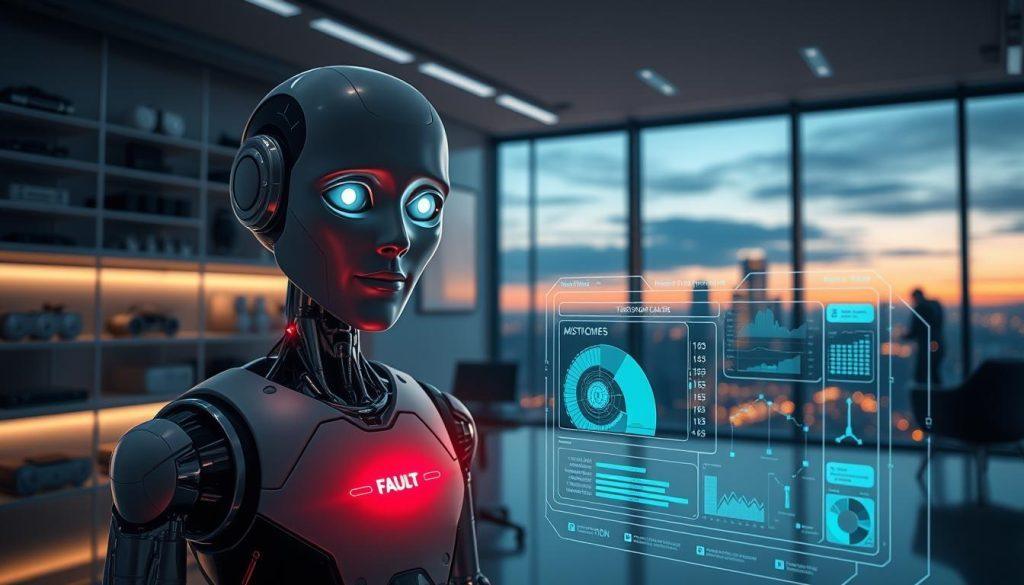 A futuristic AI agent depicted as a humanoid robot, standing in a sleek, modern office environment. The robot has an expressive, slightly confused face with glowing eyes, reflecting a moment of error. In the foreground, there's a holographic interface displaying complex data and charts, with one section blinking red to indicate a fault. In the middle ground, shelves filled with high-tech gadgets are softly illuminated, while a large window reveals a cityscape at dusk, casting a warm glow throughout the scene. The lighting is dynamic, creating a mix of cool and warm tones, enhancing the atmosphere of contemplation and curiosity. The overall mood conveys the challenges and complexities of AI, illustrating the fine line between mistakes and failures without any text or distracting elements. A futuristic AI agent depicted as a humanoid robot, standing in a sleek, modern office environment. The robot has an expressive, slightly confused face with glowing eyes, reflecting a moment of error. In the foreground, there's a holographic interface displaying complex data and charts, with one section blinking red to indicate a fault. In the middle ground, shelves filled with high-tech gadgets are softly illuminated, while a large window reveals a cityscape at dusk, casting a warm glow throughout the scene. The lighting is dynamic, creating a mix of cool and warm tones, enhancing the atmosphere of contemplation and curiosity. The overall mood conveys the challenges and complexities of AI, illustrating the fine line between mistakes and failures without any text or distracting elements.