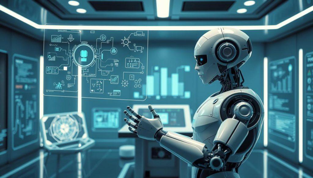 A futuristic AI agent depicted in a sleek, high-tech environment, showcasing its autonomous capabilities. In the foreground, a humanoid robot engages with complex data visualizations projected in mid-air, symbolizing advanced decision-making. The middle ground features a transparent console with a glowing interface, surrounded by intricate circuitry and digital screens displaying algorithms. The background is a modern, minimalistic control room with soft blue lighting, creating a tech-savvy atmosphere. Use a wide-angle lens to capture the depth of the scene, emphasizing the robot's intricate design. The mood should be inspiring yet contemplative, showcasing the intersection of AI intelligence and human oversight while maintaining a professional tone. A futuristic AI agent depicted in a sleek, high-tech environment, showcasing its autonomous capabilities. In the foreground, a humanoid robot engages with complex data visualizations projected in mid-air, symbolizing advanced decision-making. The middle ground features a transparent console with a glowing interface, surrounded by intricate circuitry and digital screens displaying algorithms. The background is a modern, minimalistic control room with soft blue lighting, creating a tech-savvy atmosphere. Use a wide-angle lens to capture the depth of the scene, emphasizing the robot's intricate design. The mood should be inspiring yet contemplative, showcasing the intersection of AI intelligence and human oversight while maintaining a professional tone.