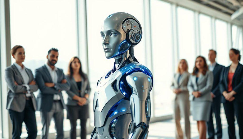 A futuristic AI agent presented as a sleek humanoid figure, composed of gleaming silver and blue materials, integrated with luminous circuits and holographic interfaces. The AI agent stands in the foreground, exuding an aura of intelligence and efficiency, its face expressionless yet captivating. In the middle ground, a diverse group of professionals in business attire observe the AI agent intently, their expressions a mix of intrigue and concern, symbolizing the need for human oversight. The background features a modern office space with large windows, soft natural lighting pouring in, illuminating the scene with a hopeful yet contemplative atmosphere. The angle is slightly tilted upwards from the ground level, emphasizing the AI's stature and the contrast between technology and humanity, creating an engaging visual narrative. A futuristic AI agent presented as a sleek humanoid figure, composed of gleaming silver and blue materials, integrated with luminous circuits and holographic interfaces. The AI agent stands in the foreground, exuding an aura of intelligence and efficiency, its face expressionless yet captivating. In the middle ground, a diverse group of professionals in business attire observe the AI agent intently, their expressions a mix of intrigue and concern, symbolizing the need for human oversight. The background features a modern office space with large windows, soft natural lighting pouring in, illuminating the scene with a hopeful yet contemplative atmosphere. The angle is slightly tilted upwards from the ground level, emphasizing the AI's stature and the contrast between technology and humanity, creating an engaging visual narrative.