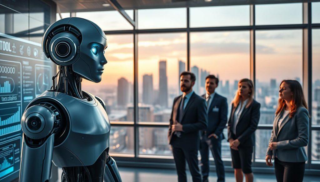 A futuristic AI agent represented as a humanoid robot with sleek metallic features, intelligent eyes glowing softly. The robot stands confidently in a modern office environment, surrounded by digital interfaces showcasing tools and workflows, including graphs and schematics. In the foreground, a diverse group of professionals, dressed in smart business attire, observe the AI with expressions of curiosity and contemplation. The middle ground features high-tech screens displaying real-time data and analytics, suggesting active engagement with ongoing tasks. In the background, a panoramic window reveals a city skyline bathed in warm, soft evening light, creating a productive and innovative atmosphere. The image conveys a sense of collaboration and exploration in the realm of AI. A futuristic AI agent represented as a humanoid robot with sleek metallic features, intelligent eyes glowing softly. The robot stands confidently in a modern office environment, surrounded by digital interfaces showcasing tools and workflows, including graphs and schematics. In the foreground, a diverse group of professionals, dressed in smart business attire, observe the AI with expressions of curiosity and contemplation. The middle ground features high-tech screens displaying real-time data and analytics, suggesting active engagement with ongoing tasks. In the background, a panoramic window reveals a city skyline bathed in warm, soft evening light, creating a productive and innovative atmosphere. The image conveys a sense of collaboration and exploration in the realm of AI.